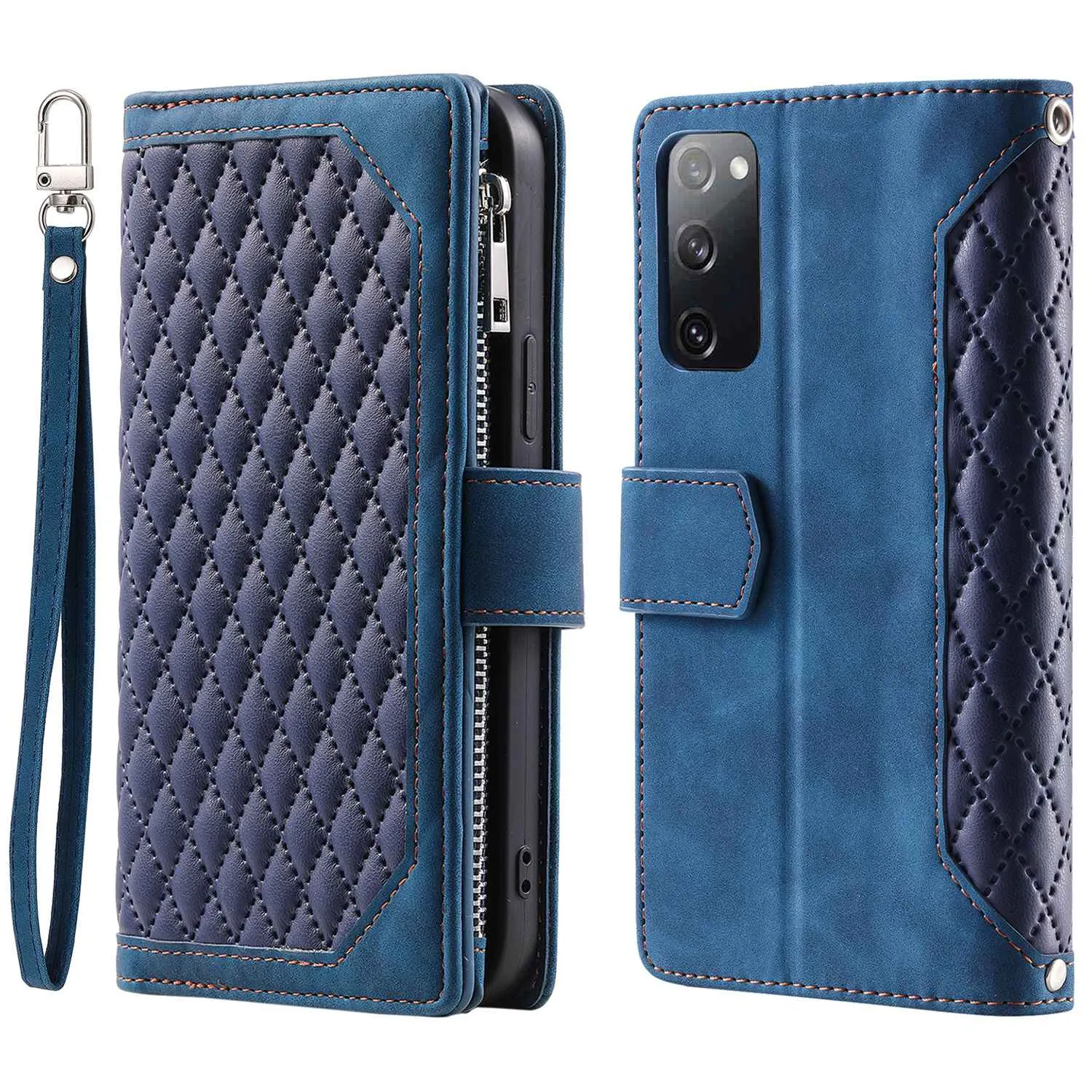 005 Smartphone Cover for Samsung Galaxy S20 FE 2022 / S20 Lite / S20 FE 5G / 4G, Handy Strap Rhombus Grid Textured PU Leather Zipper Pocket Stand Wallet Case