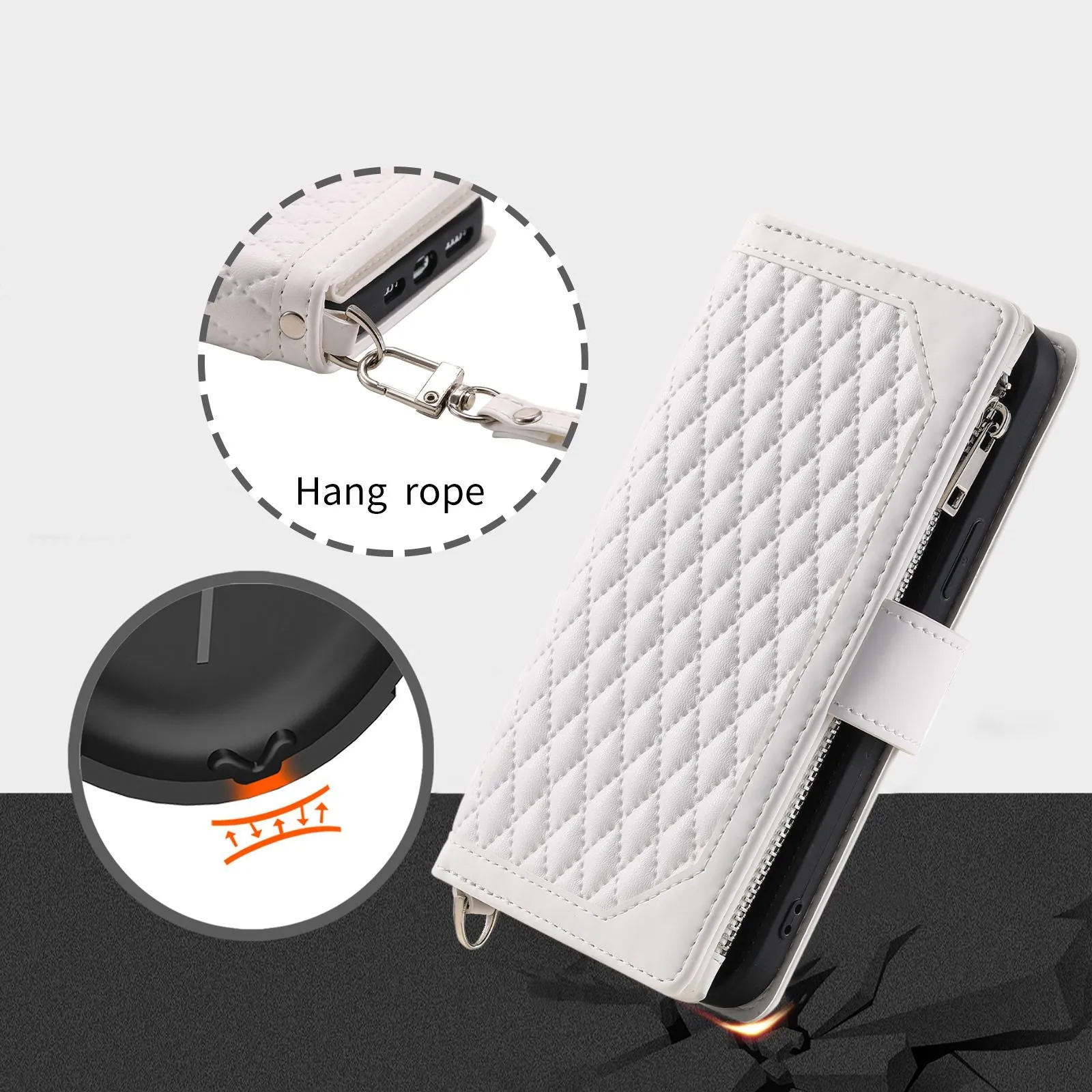 005 Style Phone Flip Leather Wallet Case Stand For iPhone 14 Pro 6.1 inch, Card Holder Rhombus Texture Zipper Pocket Protective Anti-drop Cellphone Cover with Strap