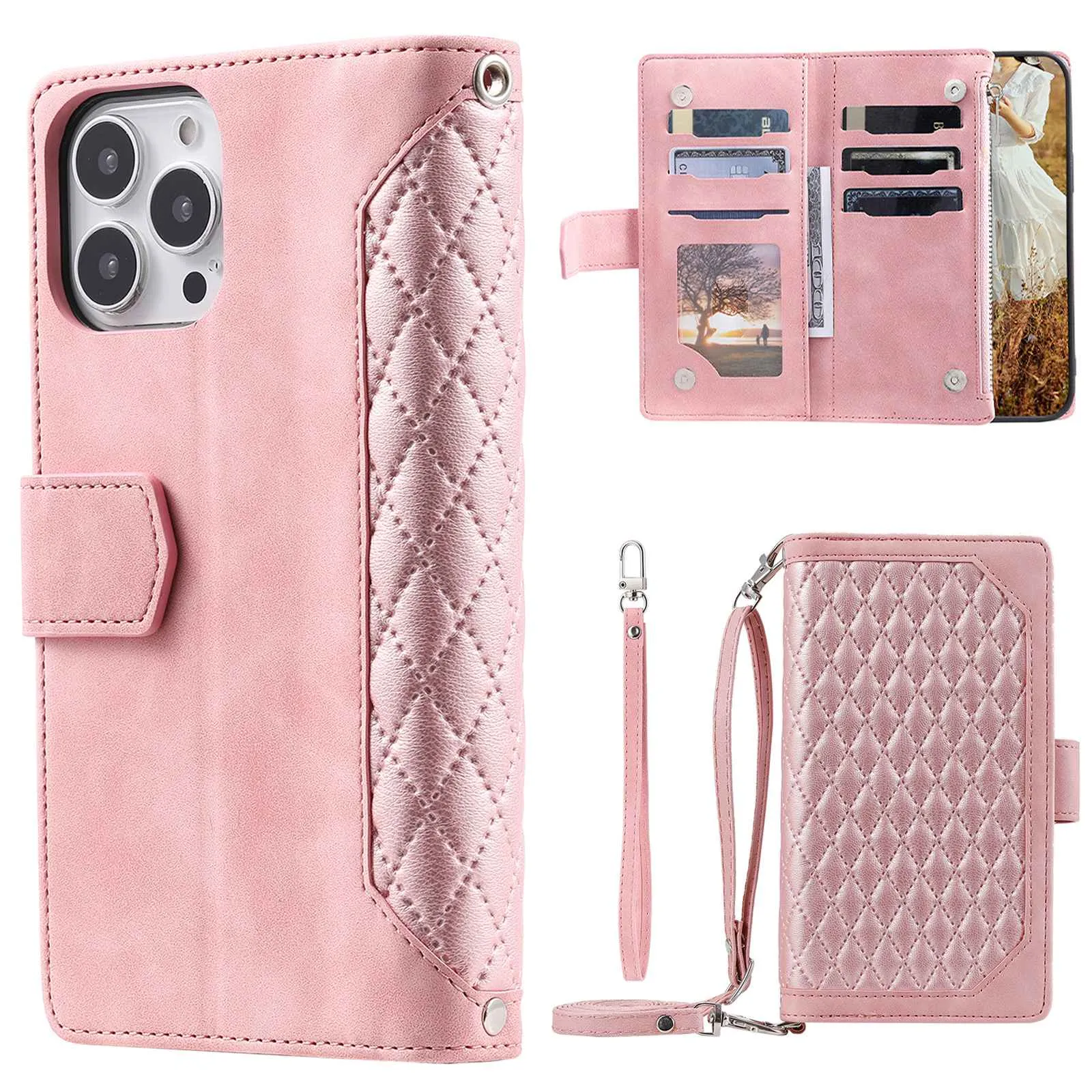 005 Style Phone Flip Leather Wallet Case Stand For iPhone 14 Pro 6.1 inch, Card Holder Rhombus Texture Zipper Pocket Protective Anti-drop Cellphone Cover with Strap