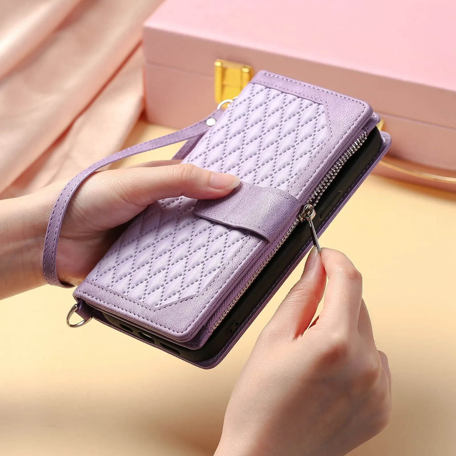 005 Style Phone Flip Leather Wallet Case Stand For iPhone 14 Pro 6.1 inch, Card Holder Rhombus Texture Zipper Pocket Protective Anti-drop Cellphone Cover with Strap