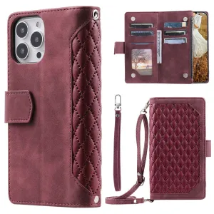 005 Style Phone Flip Leather Wallet Case Stand For iPhone 14 Pro 6.1 inch, Card Holder Rhombus Texture Zipper Pocket Protective Anti-drop Cellphone Cover with Strap