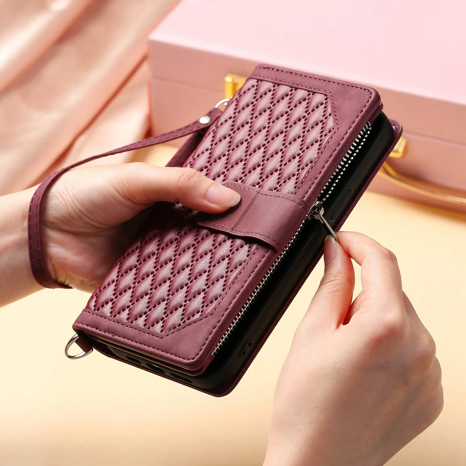 005 Style Phone Flip Leather Wallet Case Stand For iPhone 14 Pro 6.1 inch, Card Holder Rhombus Texture Zipper Pocket Protective Anti-drop Cellphone Cover with Strap