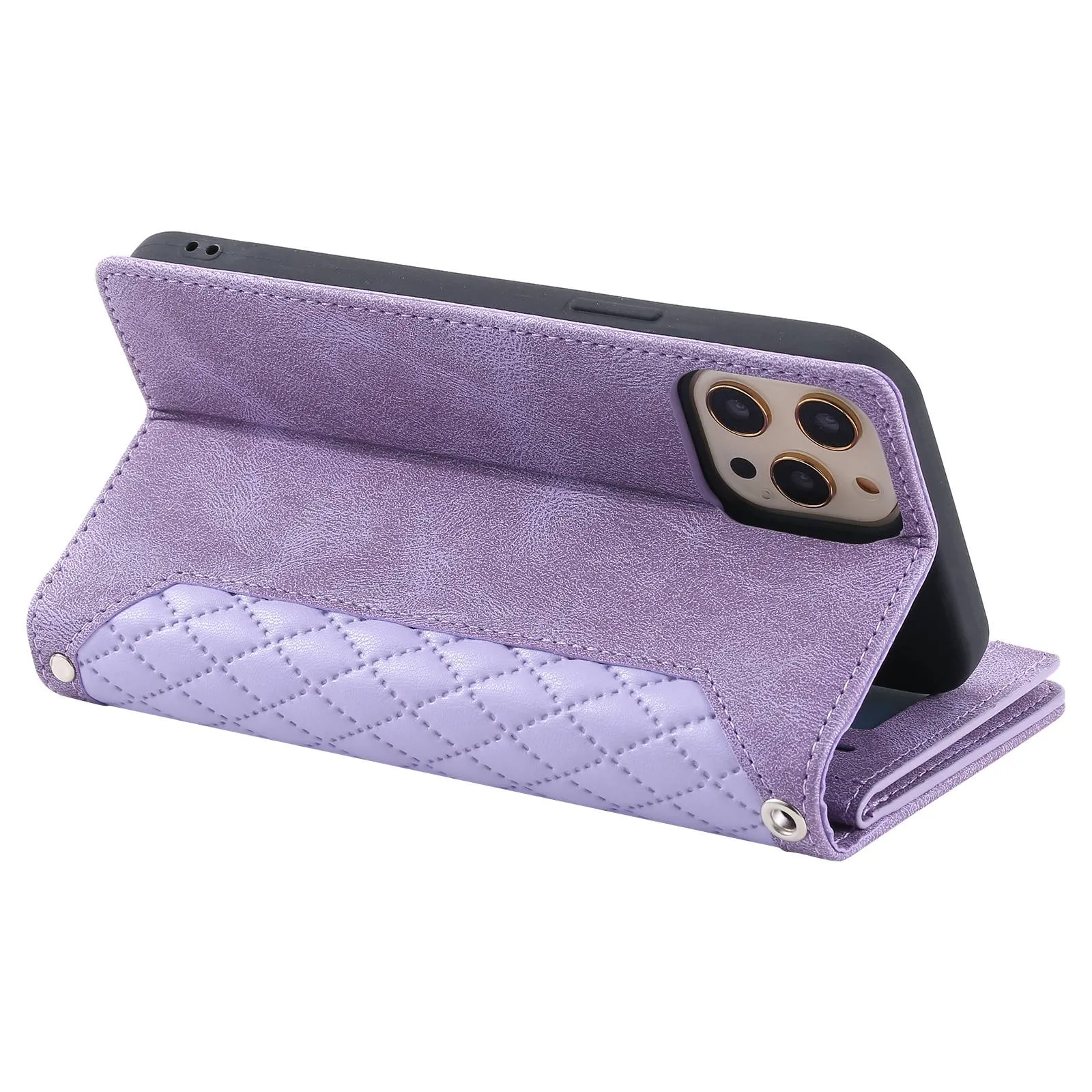 005 Style Phone Flip Leather Wallet Case Stand For iPhone 14 Pro 6.1 inch, Card Holder Rhombus Texture Zipper Pocket Protective Anti-drop Cellphone Cover with Strap