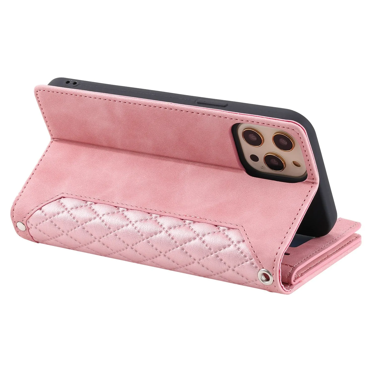 005 Style Zipper Pocket Stand Case for iPhone 11 Pro Max 6.5 inch, PU Leather Wallet Rhombus Texture Phone Shell Protector with Wrist Strap