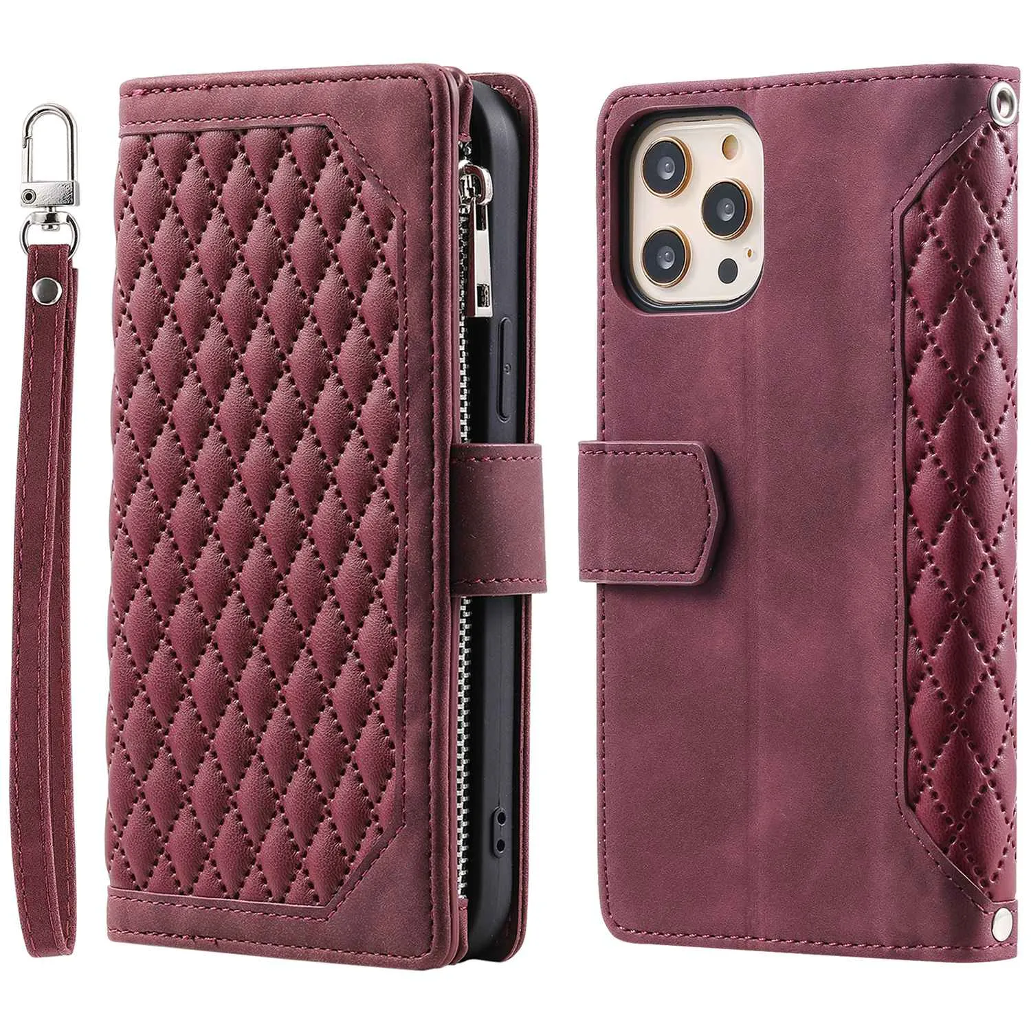 005 Style Zipper Pocket Stand Case for iPhone 11 Pro Max 6.5 inch, PU Leather Wallet Rhombus Texture Phone Shell Protector with Wrist Strap