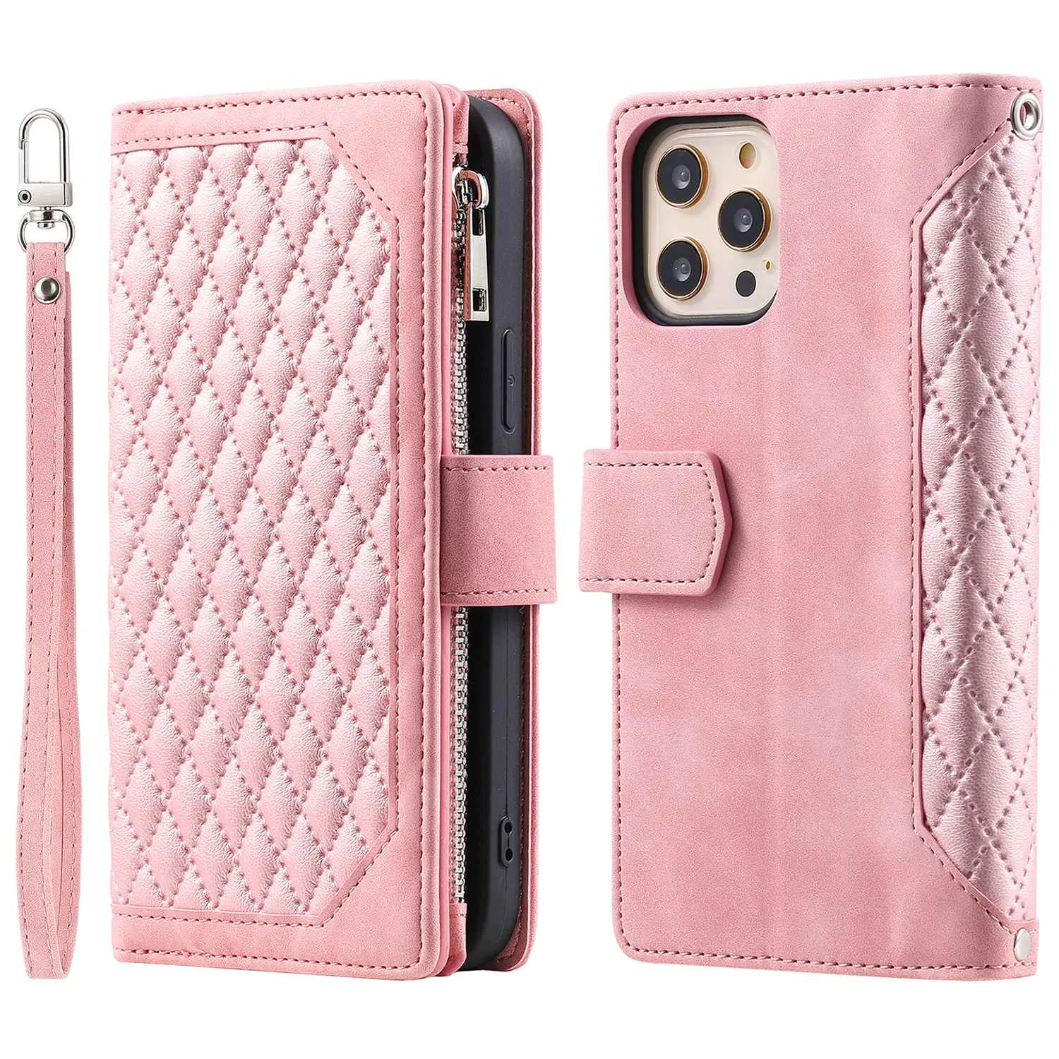 005 Style Zipper Pocket Stand Case for iPhone 11 Pro Max 6.5 inch, PU Leather Wallet Rhombus Texture Phone Shell Protector with Wrist Strap