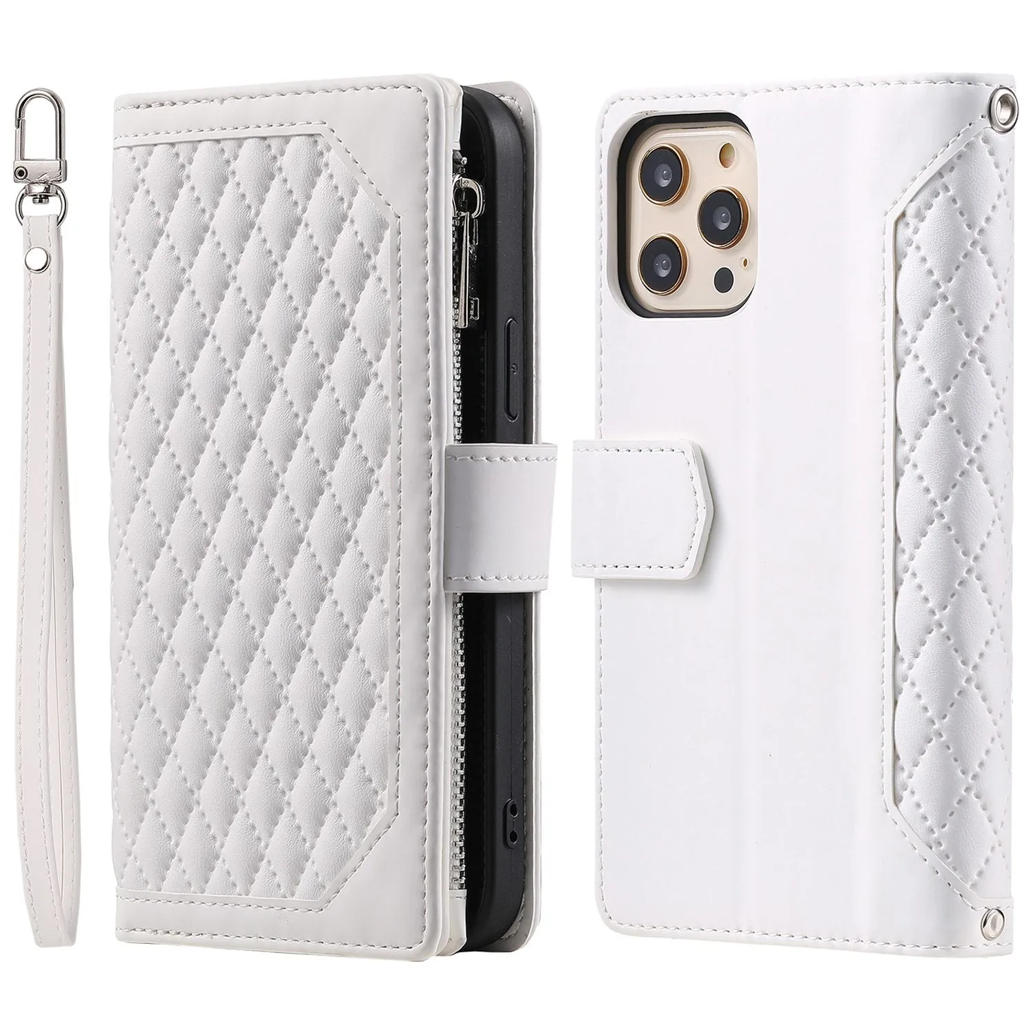 005 Style Zipper Pocket Stand Case for iPhone 11 Pro Max 6.5 inch, PU Leather Wallet Rhombus Texture Phone Shell Protector with Wrist Strap