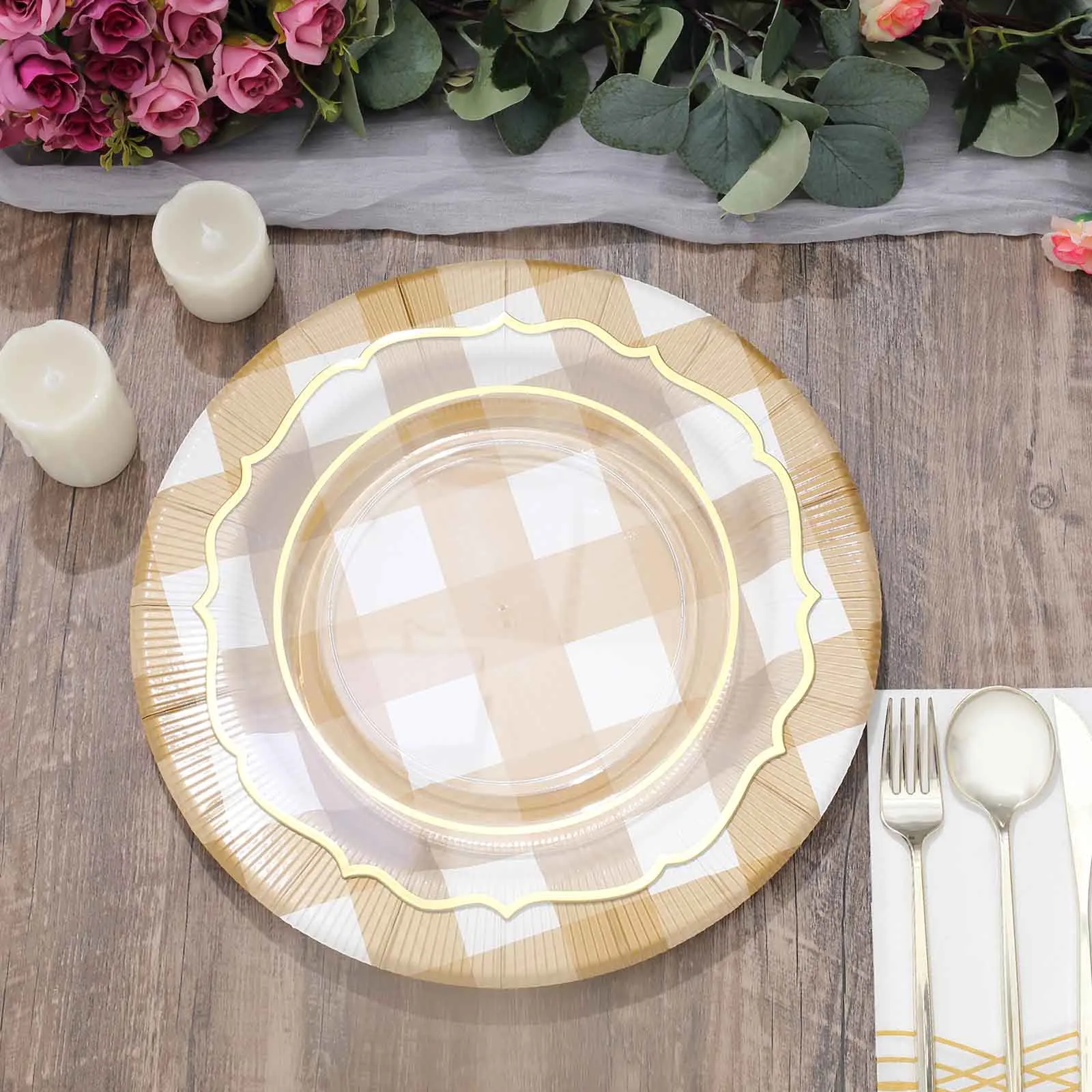 10 Pack 13" Gold White Buffalo Plaid Disposable Charger Plates, Round Checkered Sunray Cardboard Serving Trays- 350 GSM