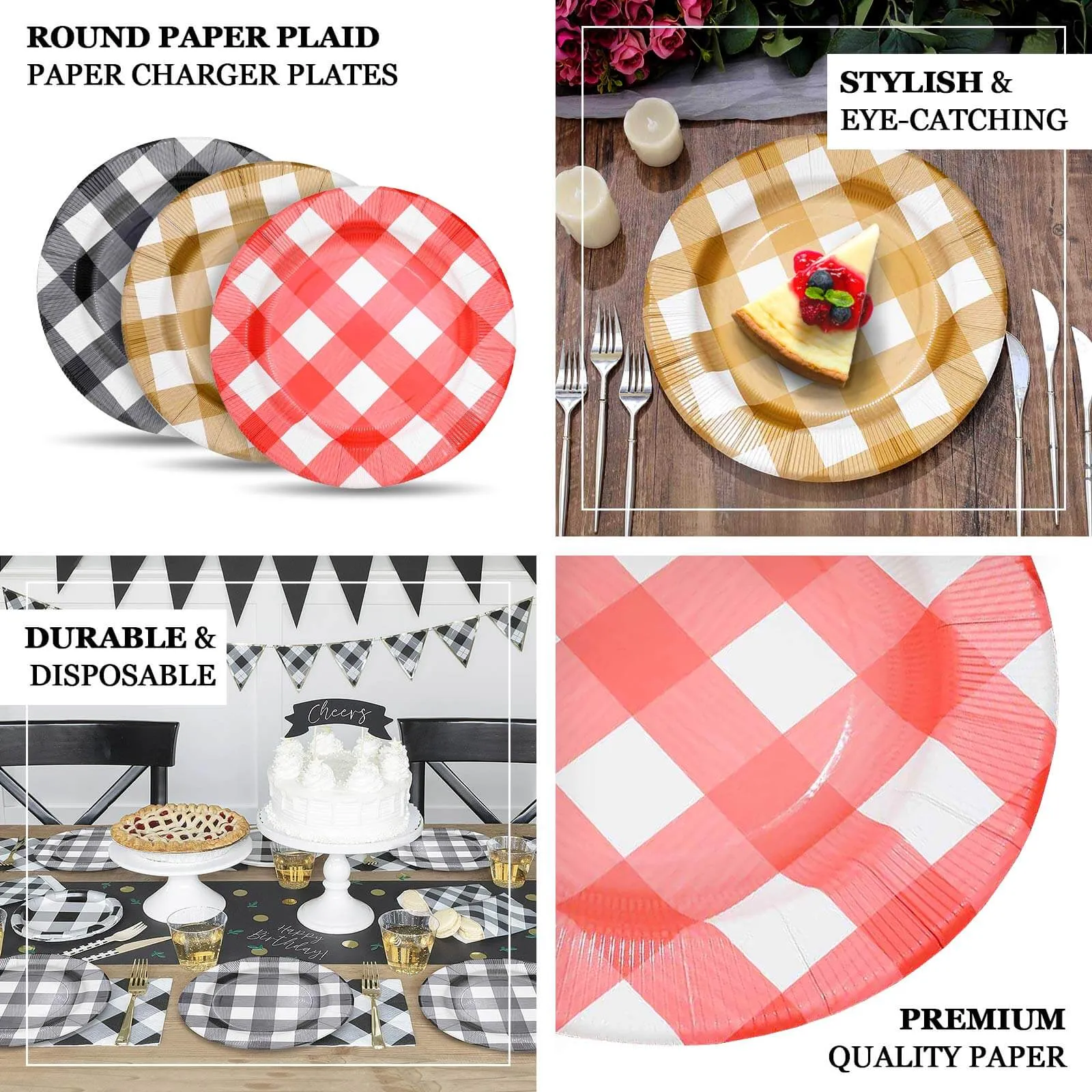 10 Pack Black / White Buffalo Plaid Disposable Serving Trays, Round Checkered Sunray Cardboard Charger Plates 350 GSM 13"