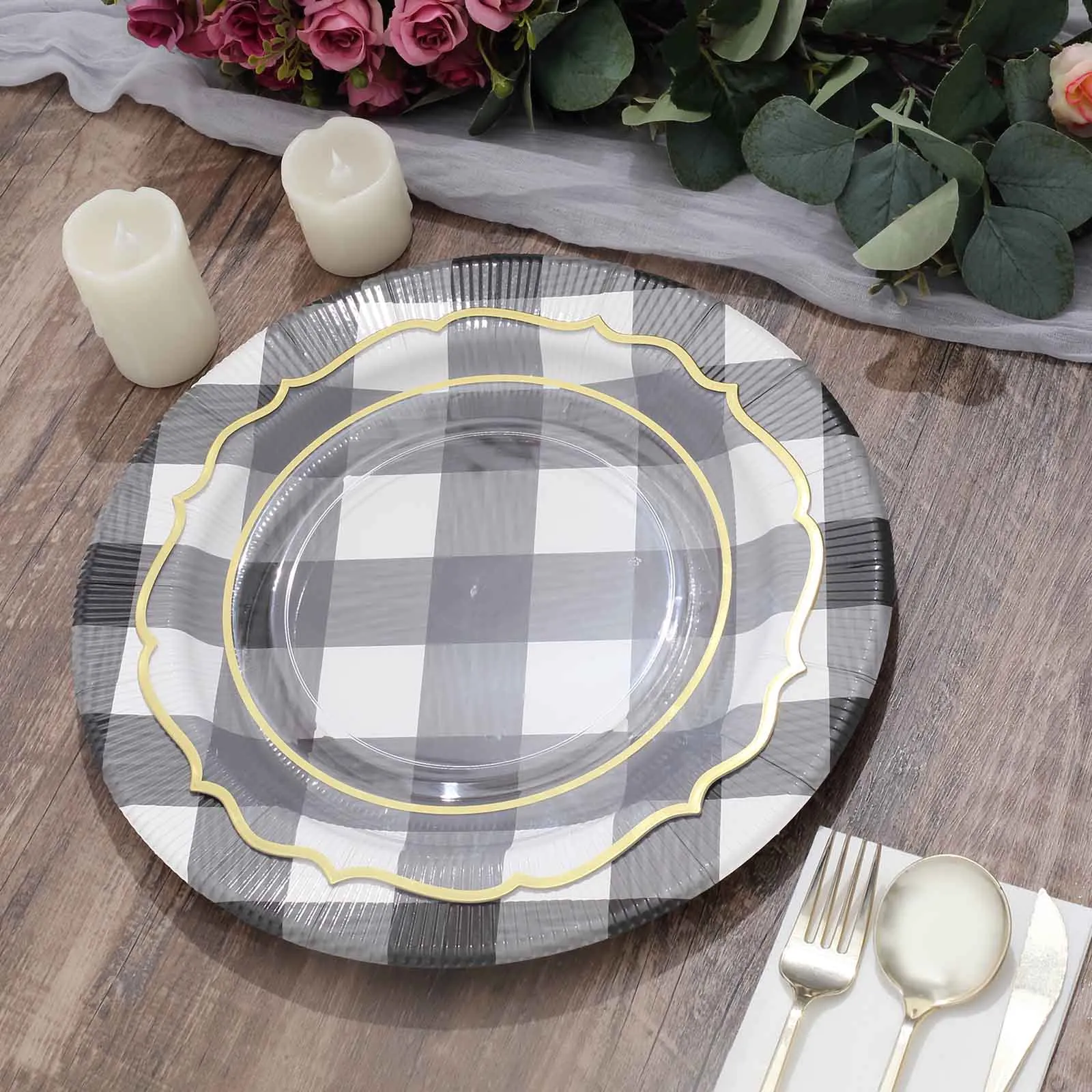 10 Pack Black / White Buffalo Plaid Disposable Serving Trays, Round Checkered Sunray Cardboard Charger Plates 350 GSM 13"