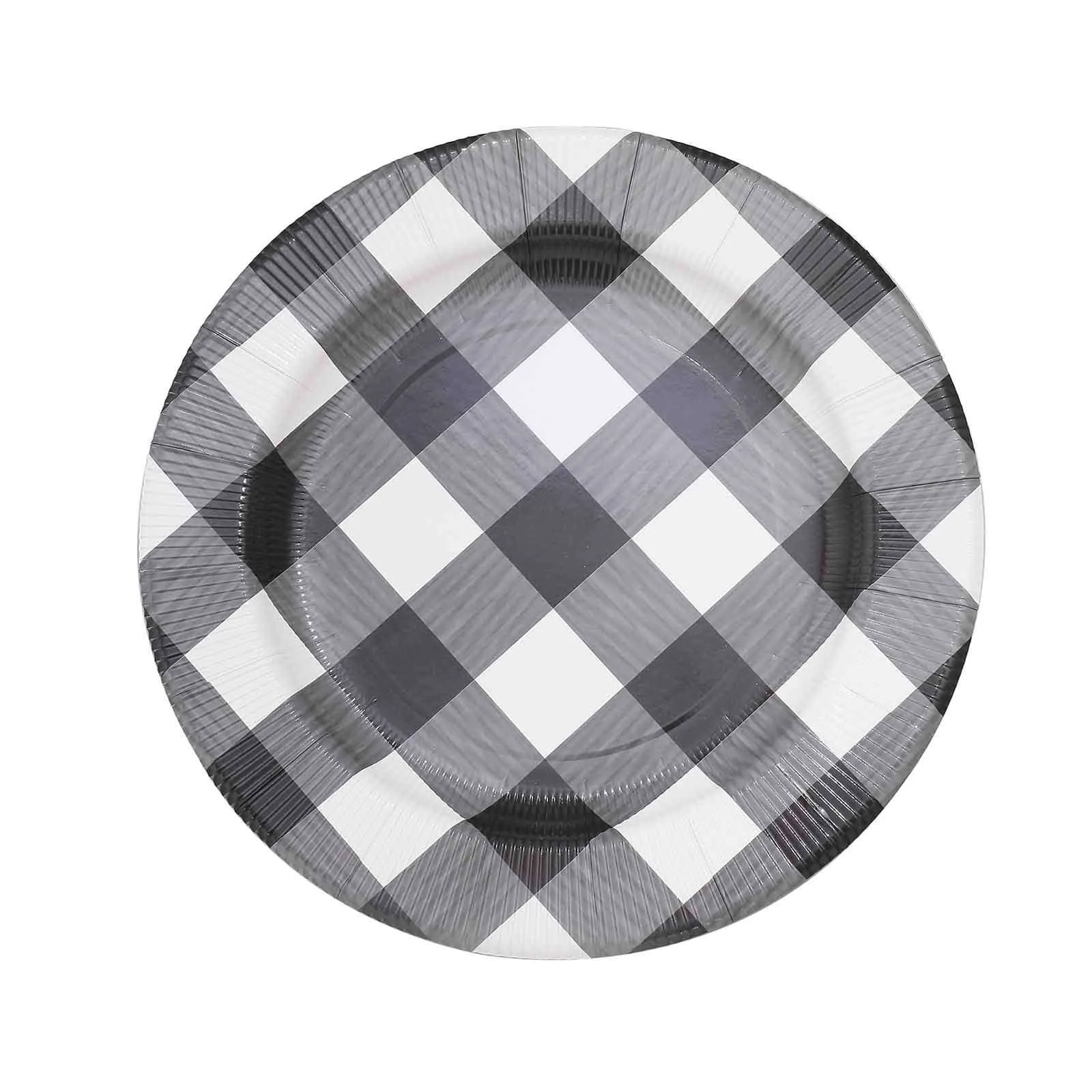 10 Pack Black / White Buffalo Plaid Disposable Serving Trays, Round Checkered Sunray Cardboard Charger Plates 350 GSM 13"