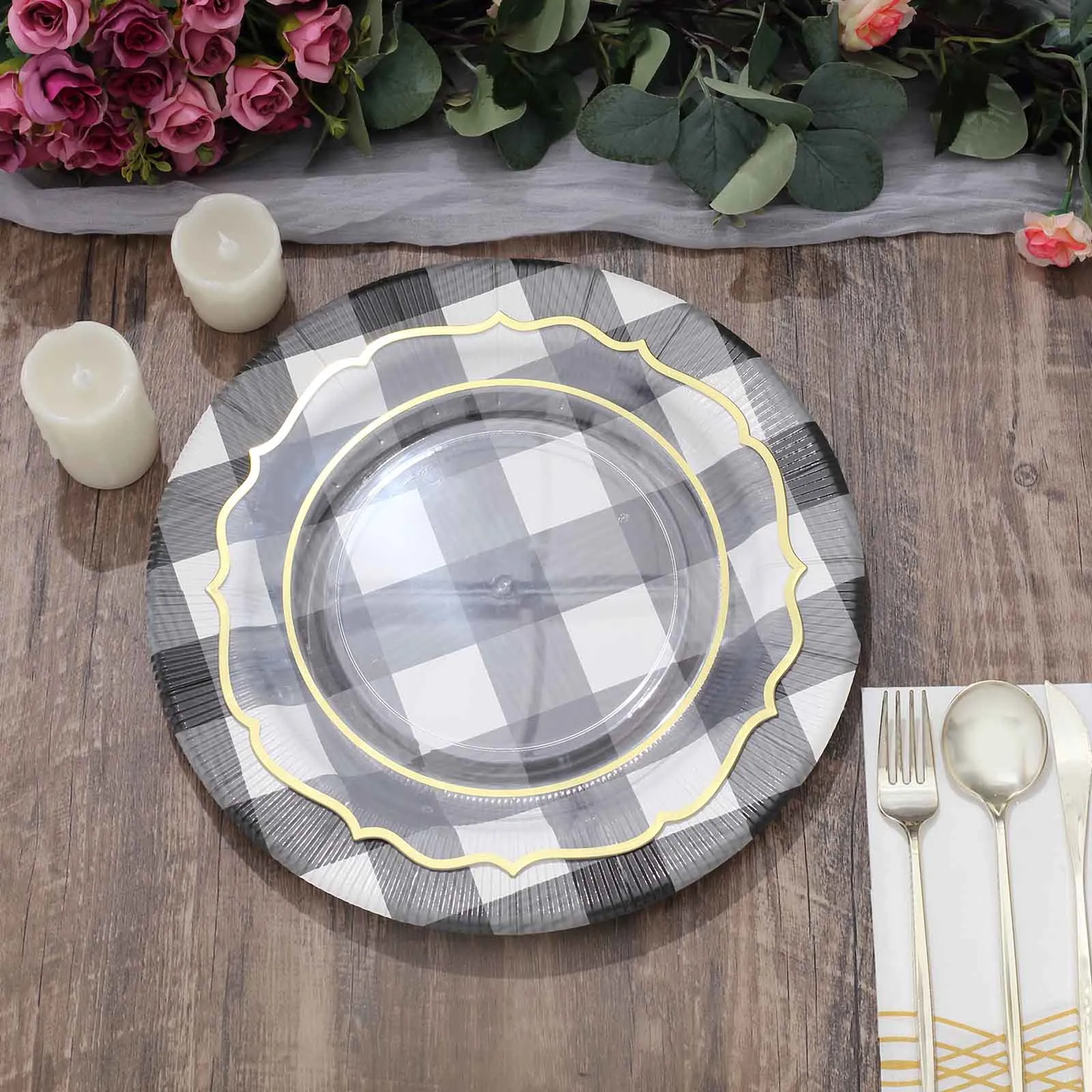 10 Pack Black / White Buffalo Plaid Disposable Serving Trays, Round Checkered Sunray Cardboard Charger Plates 350 GSM 13"