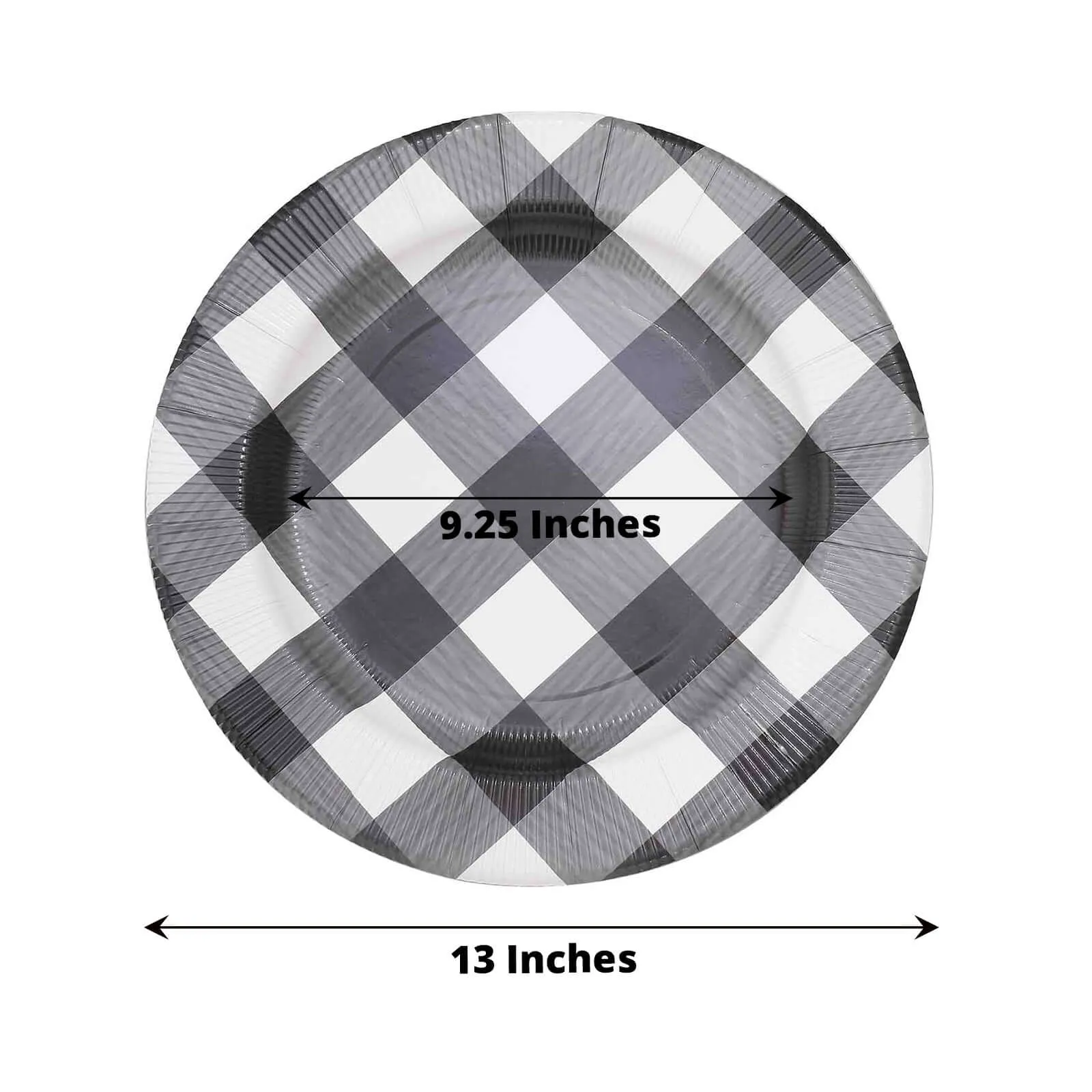 10 Pack Black / White Buffalo Plaid Disposable Serving Trays, Round Checkered Sunray Cardboard Charger Plates 350 GSM 13"