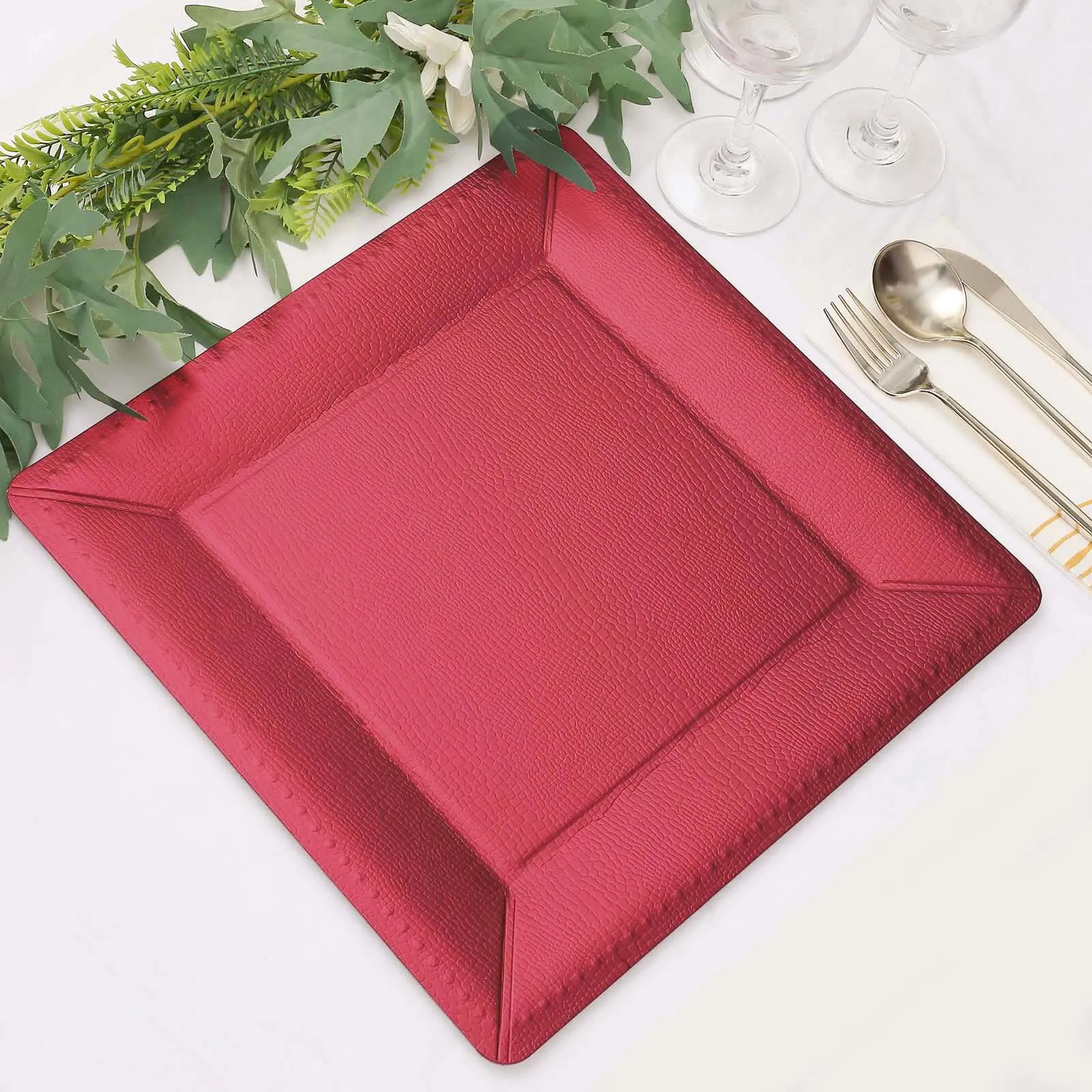 10 Pack Burgundy Textured Disposable Square Serving Trays, Leather Like Cardboard Charger Plates 1100 GSM 13"