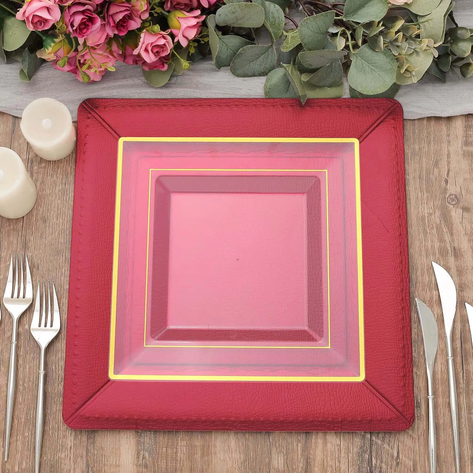 10 Pack Burgundy Textured Disposable Square Serving Trays, Leather Like Cardboard Charger Plates 1100 GSM 13"