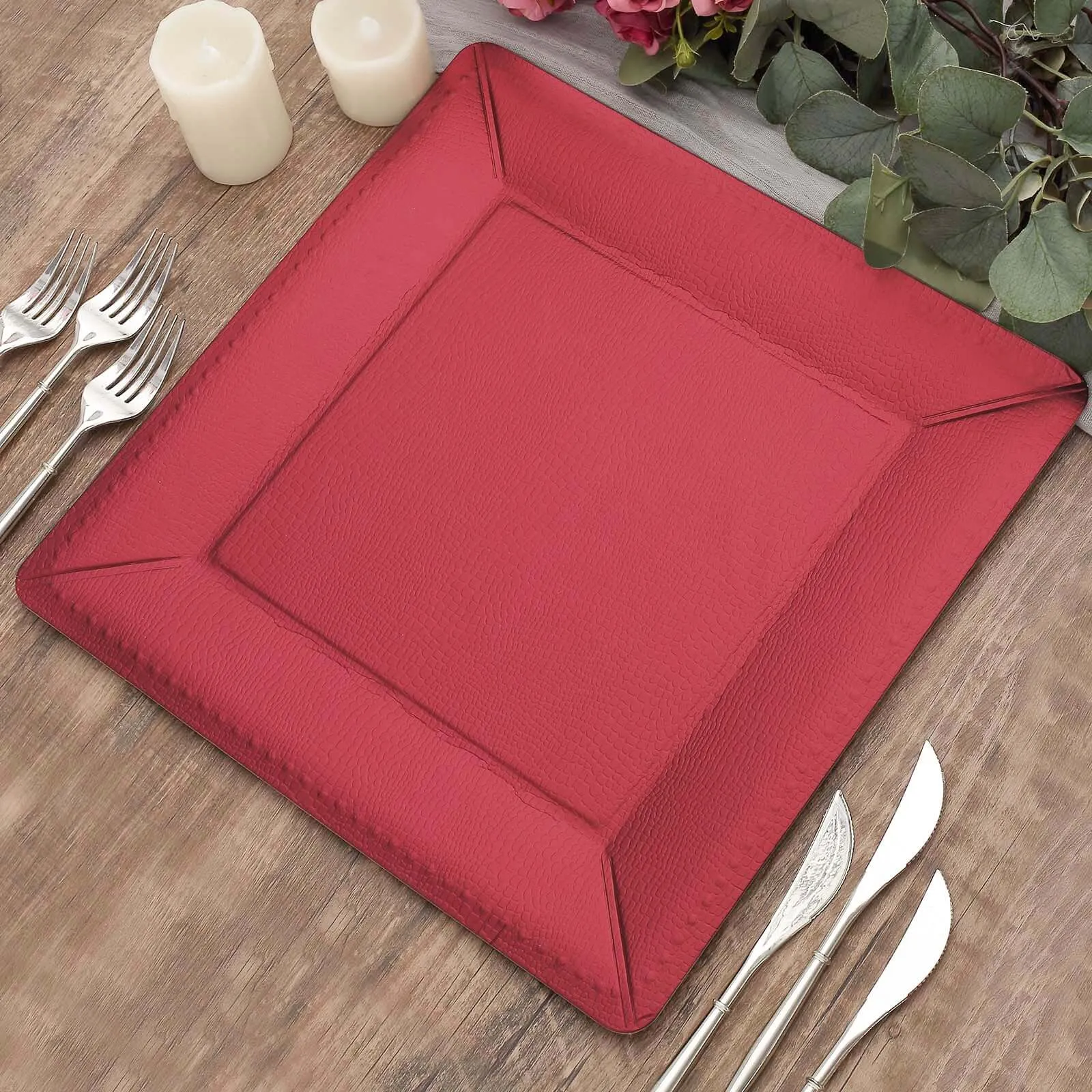 10 Pack Burgundy Textured Disposable Square Serving Trays, Leather Like Cardboard Charger Plates 1100 GSM 13"