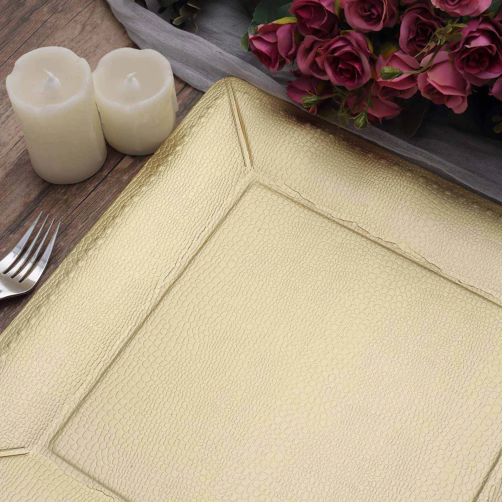 10 Pack Champagne Textured Disposable Square Serving Trays, Leather Like Cardboard Charger Plates 1100 GSM 13"