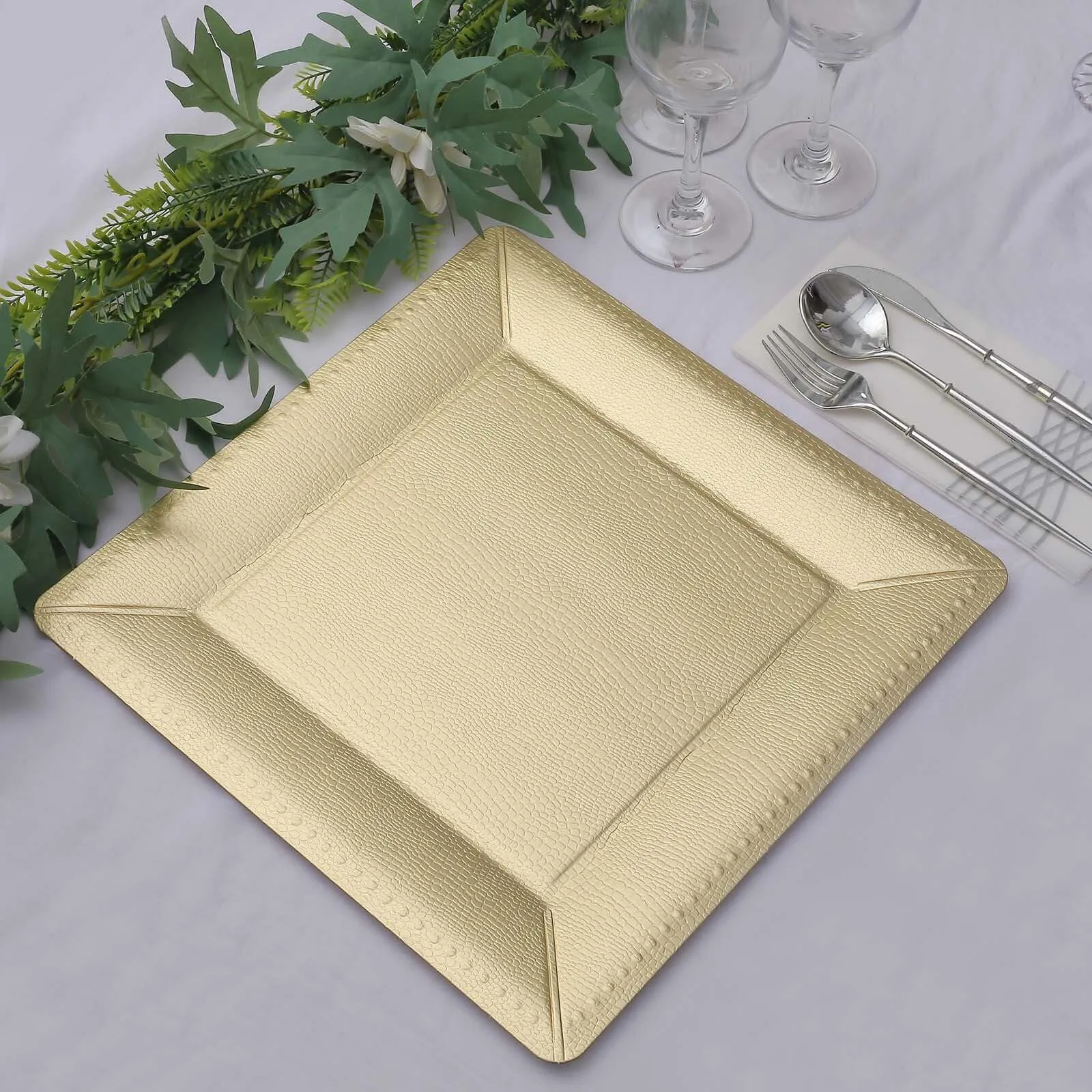 10 Pack Champagne Textured Disposable Square Serving Trays, Leather Like Cardboard Charger Plates 1100 GSM 13"