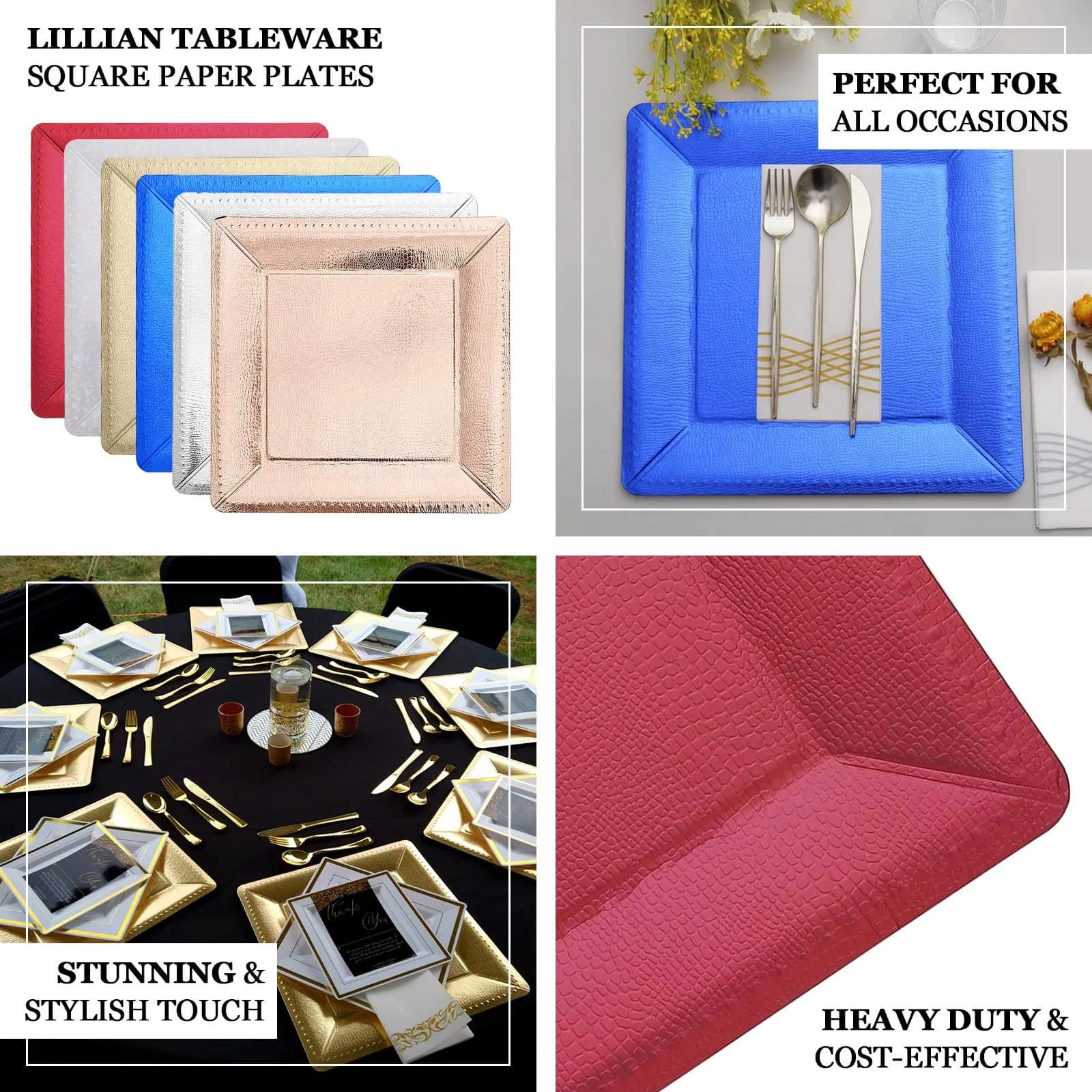 10 Pack Champagne Textured Disposable Square Serving Trays, Leather Like Cardboard Charger Plates 1100 GSM 13"