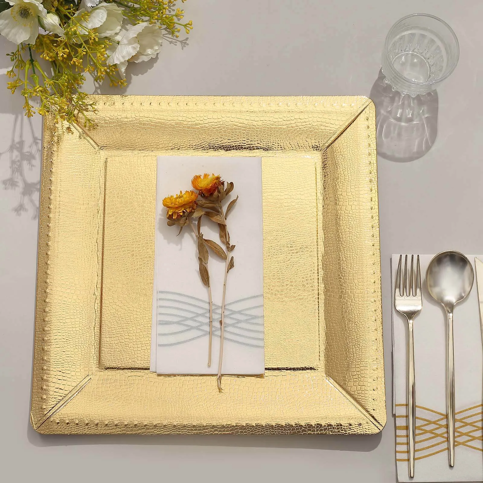 10 Pack Gold Textured Disposable Square Serving Trays, Leather Like Cardboard Charger Plates 1100 GSM 13"