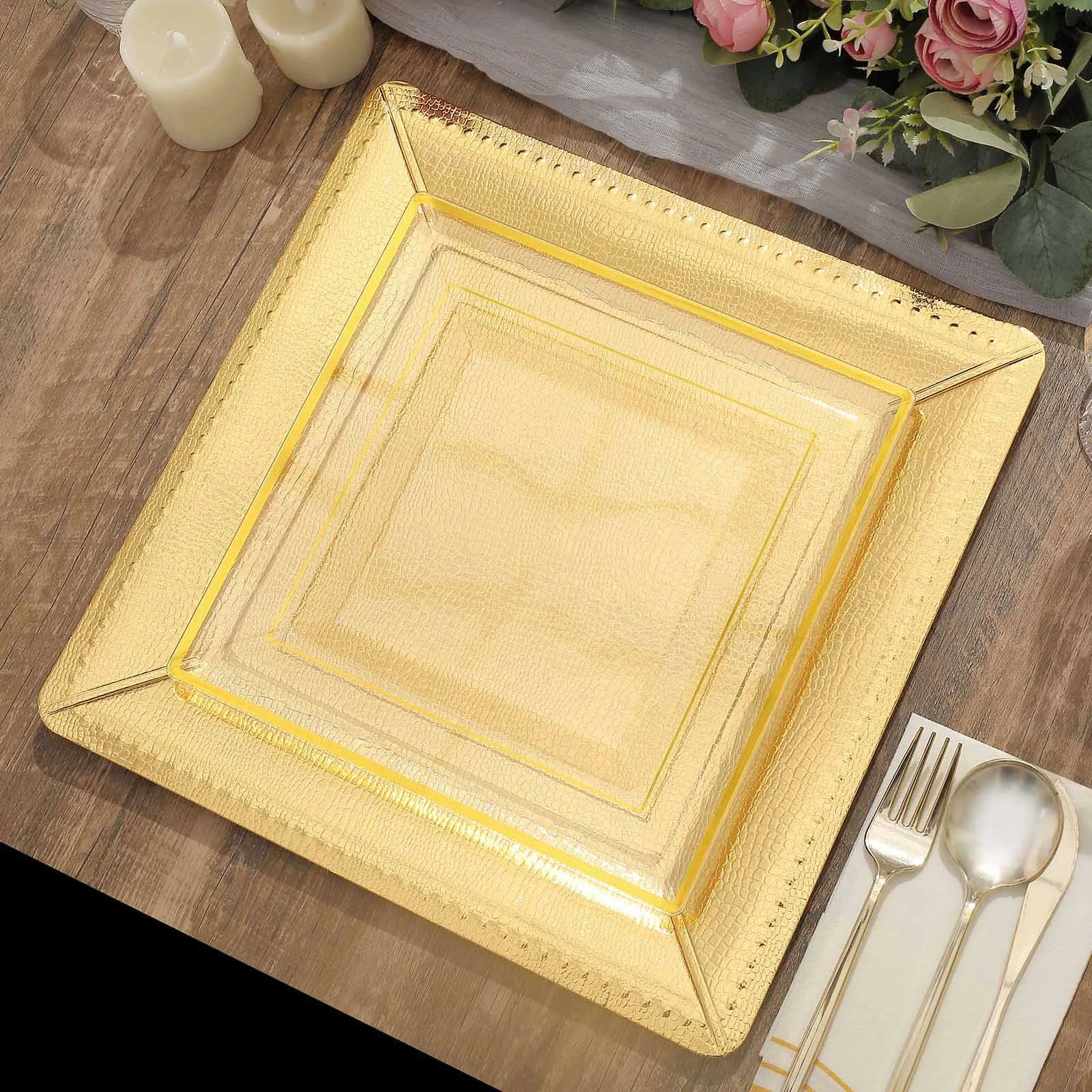 10 Pack Gold Textured Disposable Square Serving Trays, Leather Like Cardboard Charger Plates 1100 GSM 13"