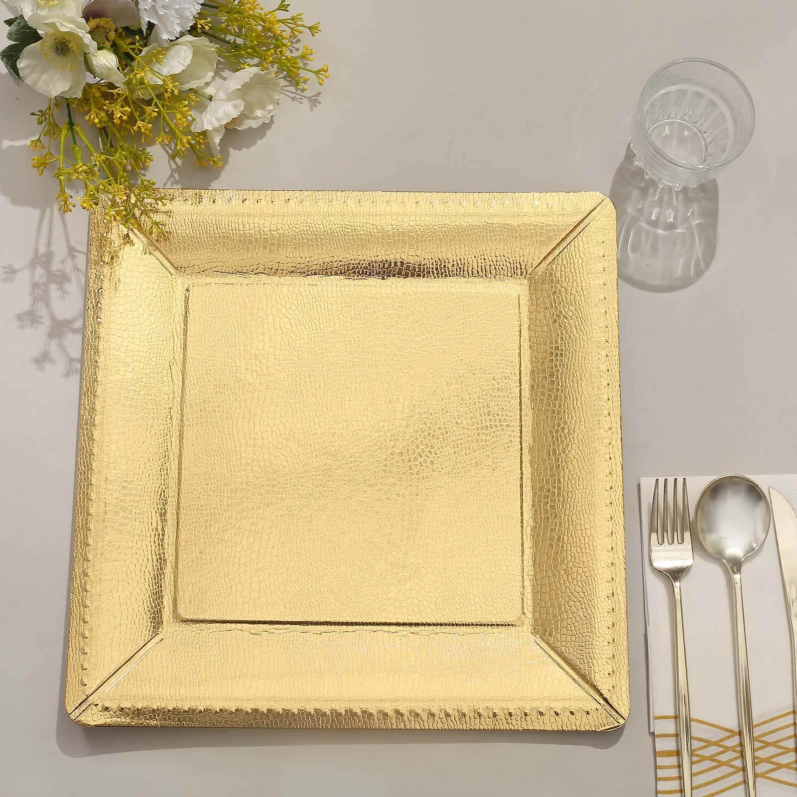 10 Pack Gold Textured Disposable Square Serving Trays, Leather Like Cardboard Charger Plates 1100 GSM 13"