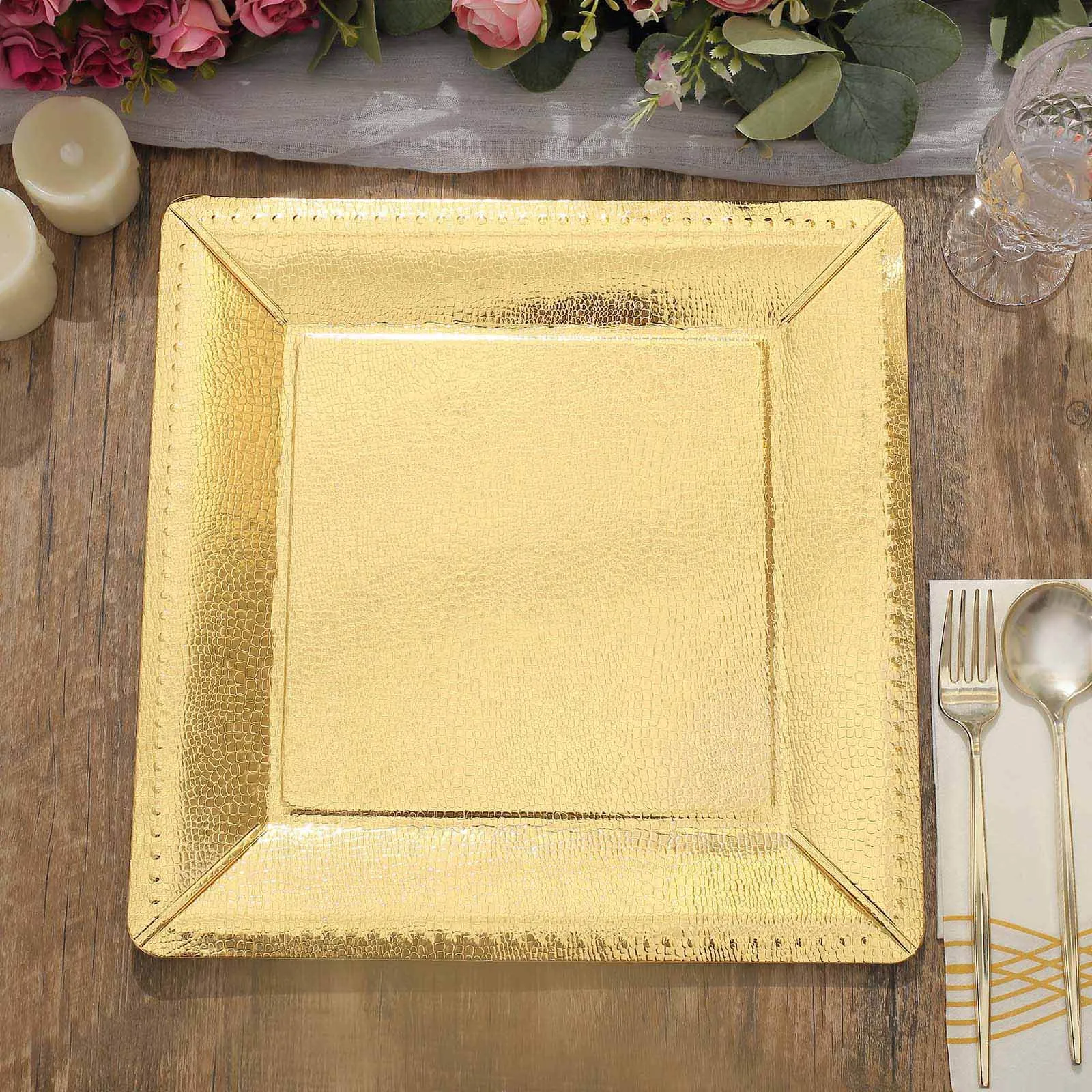 10 Pack Gold Textured Disposable Square Serving Trays, Leather Like Cardboard Charger Plates 1100 GSM 13"