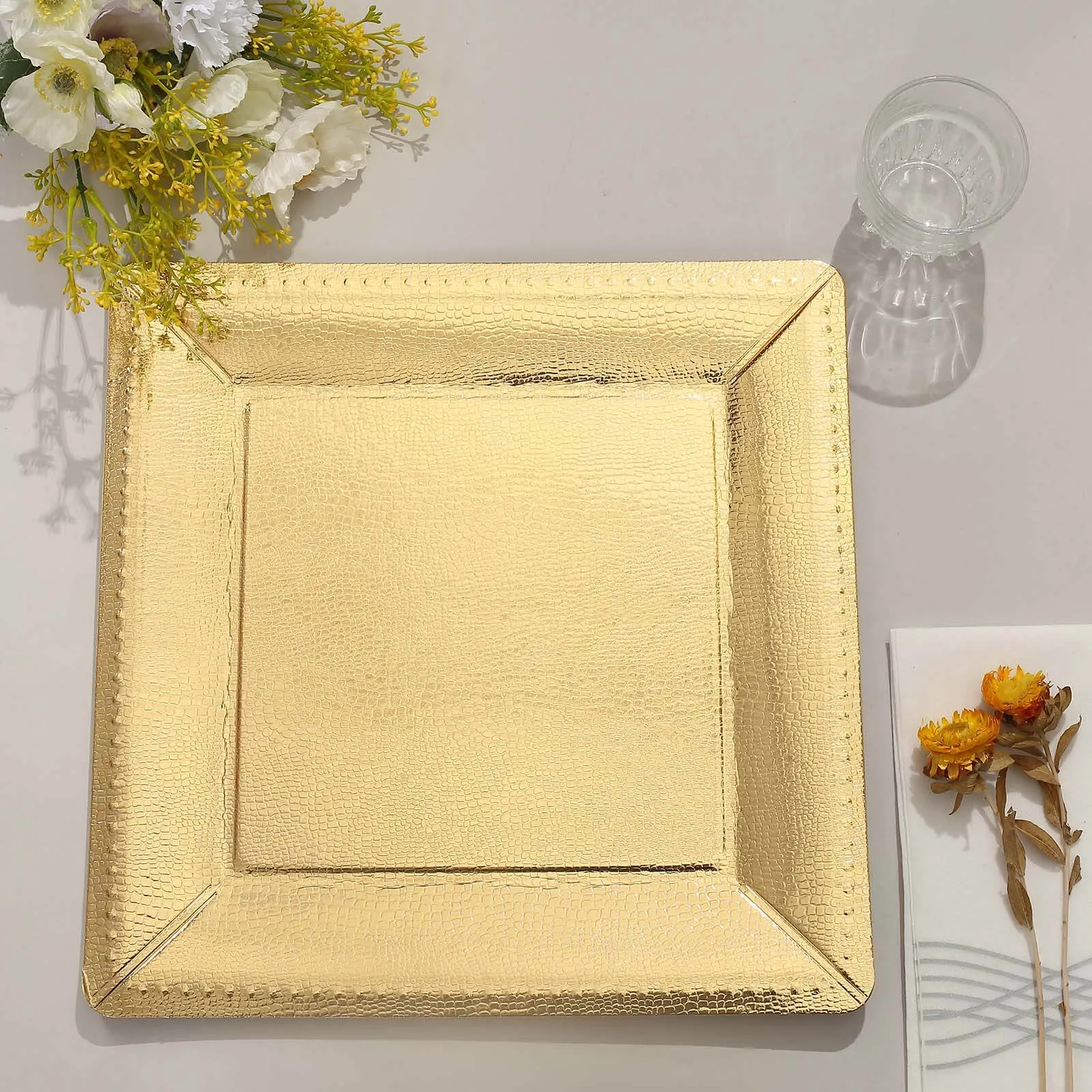 10 Pack Gold Textured Disposable Square Serving Trays, Leather Like Cardboard Charger Plates 1100 GSM 13"