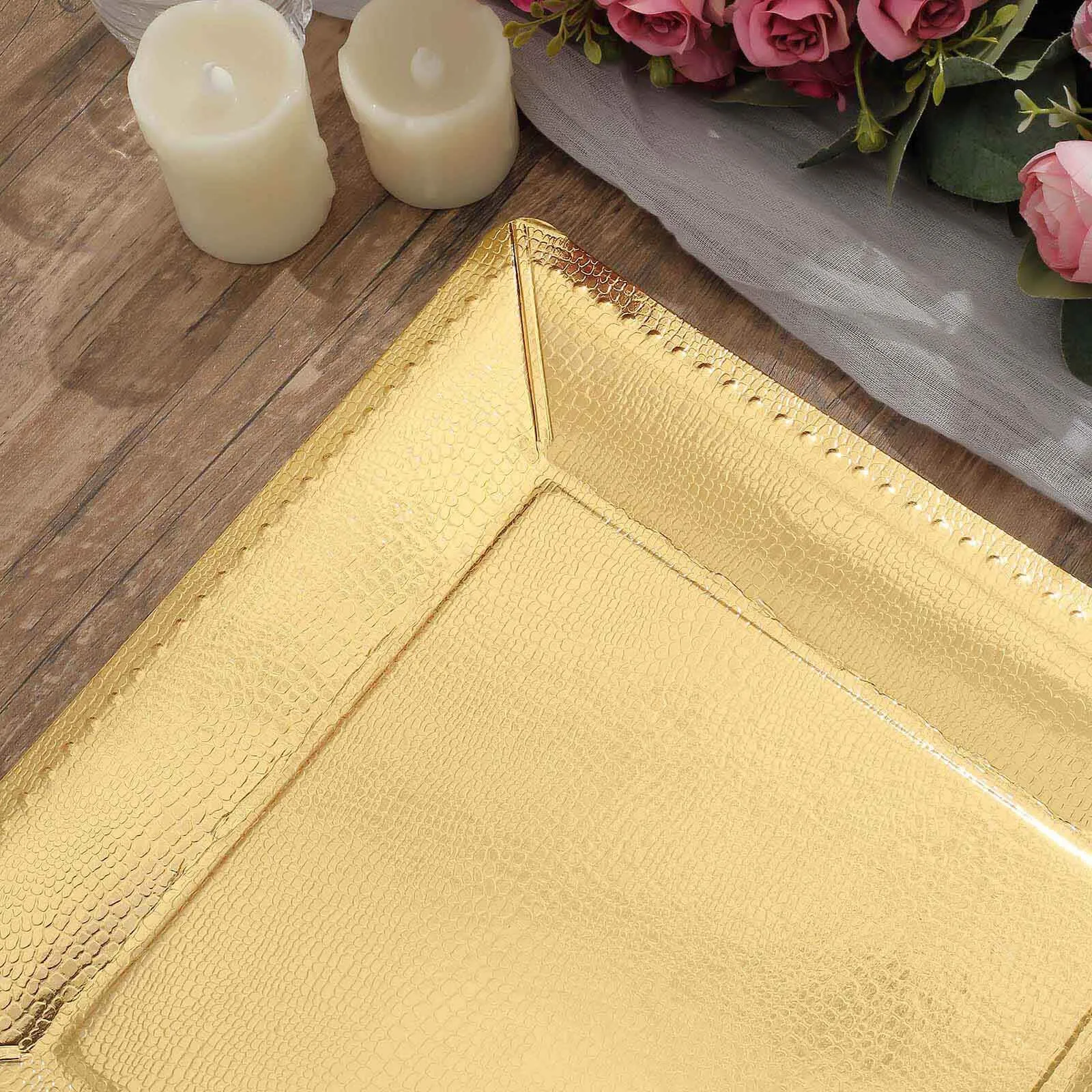 10 Pack Gold Textured Disposable Square Serving Trays, Leather Like Cardboard Charger Plates 1100 GSM 13"