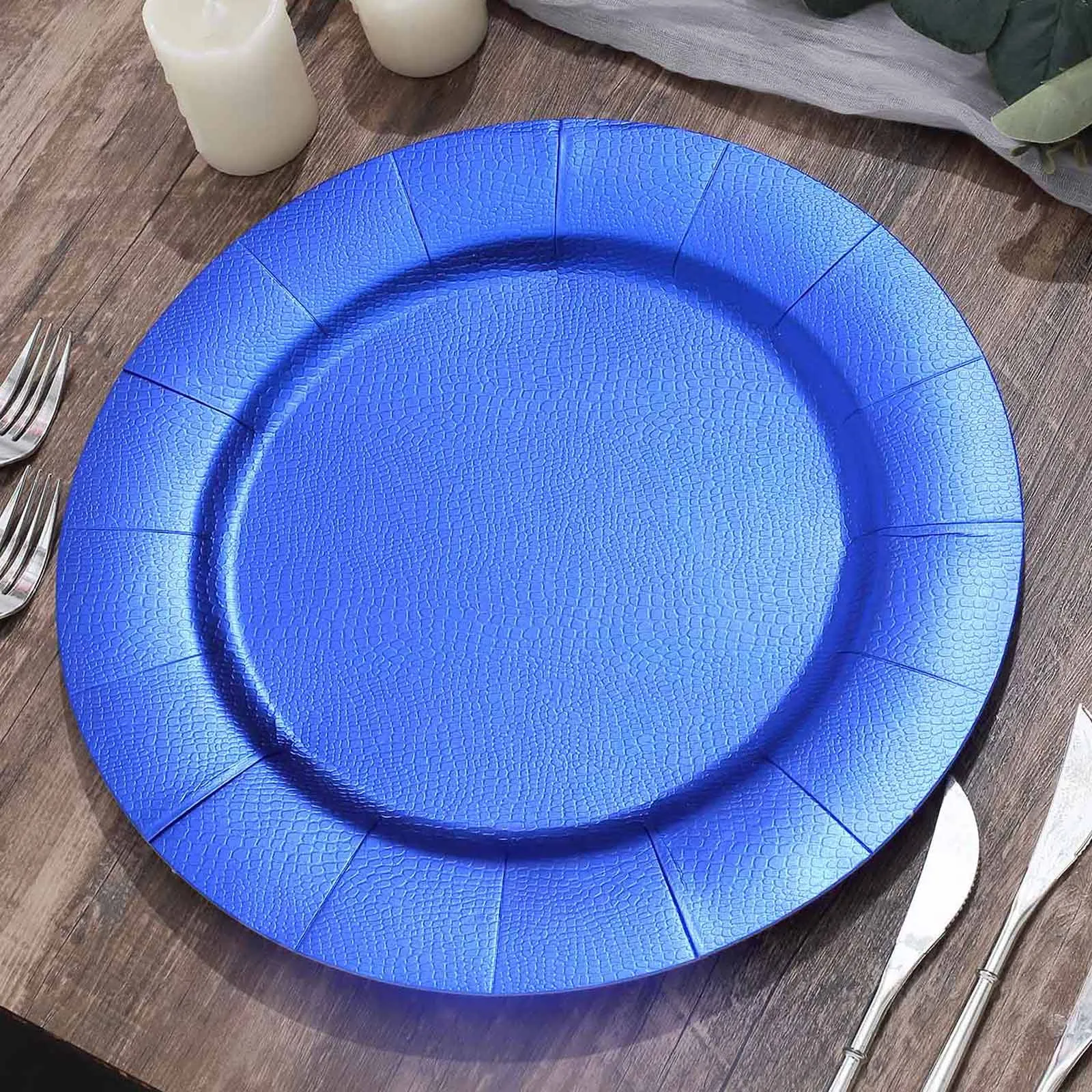 10 Pack Royal Blue Leather Textured Disposable Charger Plates, Round Cardboard Serving Trays 1100 GSM 13"