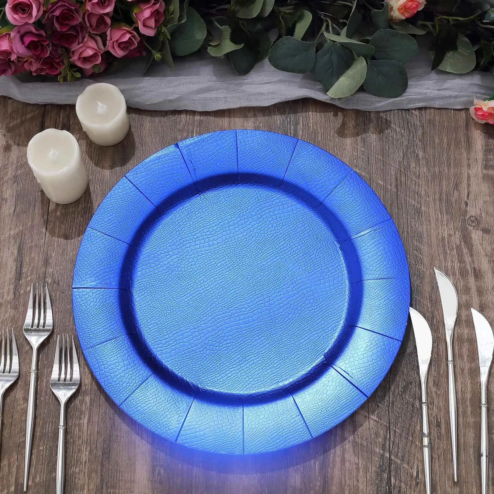 10 Pack Royal Blue Leather Textured Disposable Charger Plates, Round Cardboard Serving Trays 1100 GSM 13"