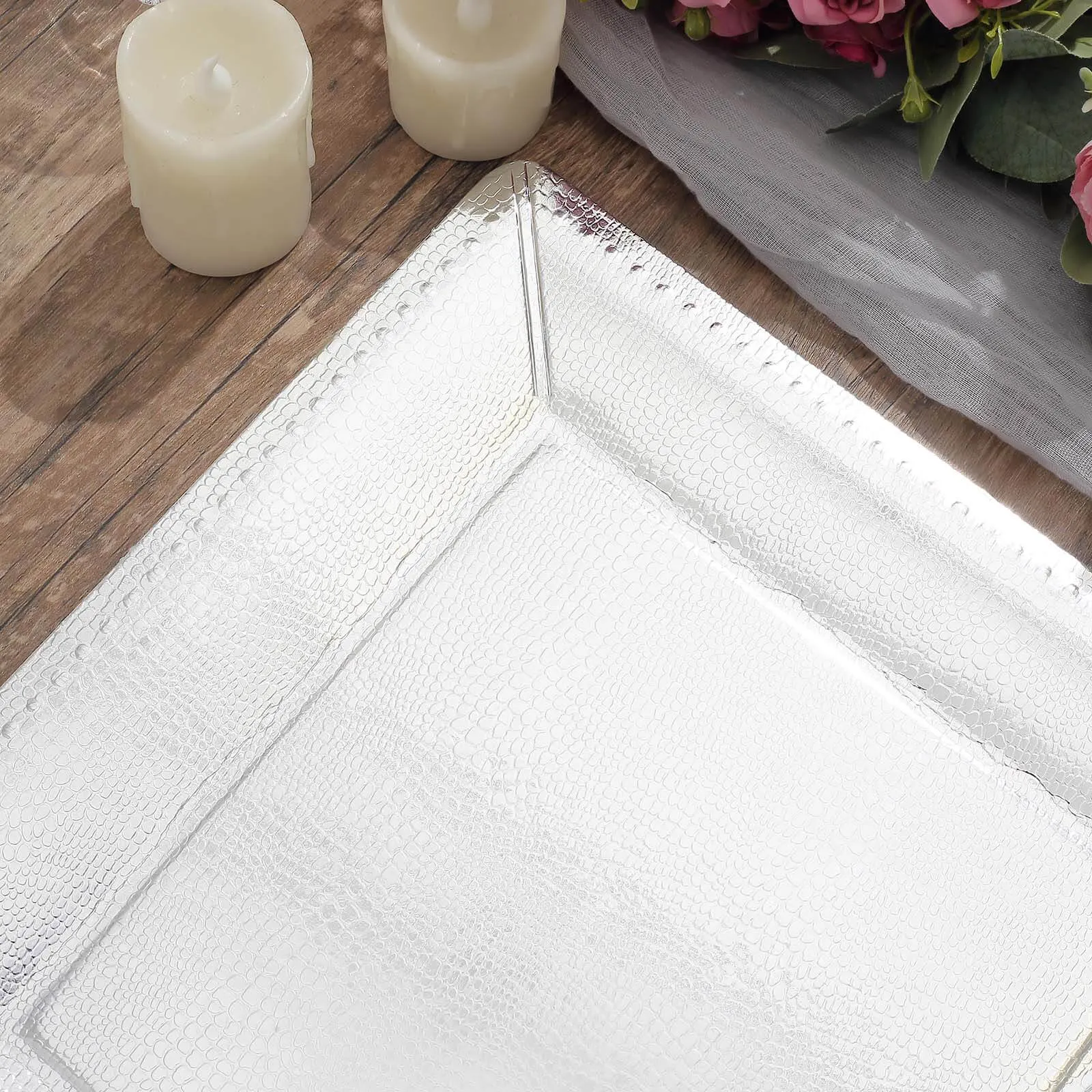 10 Pack Silver Textured Disposable Square Serving Trays, Leather Like Cardboard Charger Plates 1100 GSM 13"