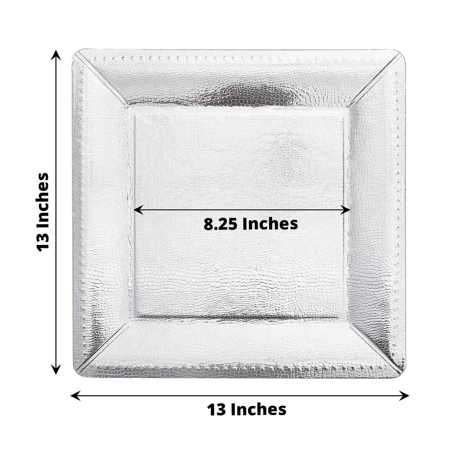 10 Pack Silver Textured Disposable Square Serving Trays, Leather Like Cardboard Charger Plates 1100 GSM 13"