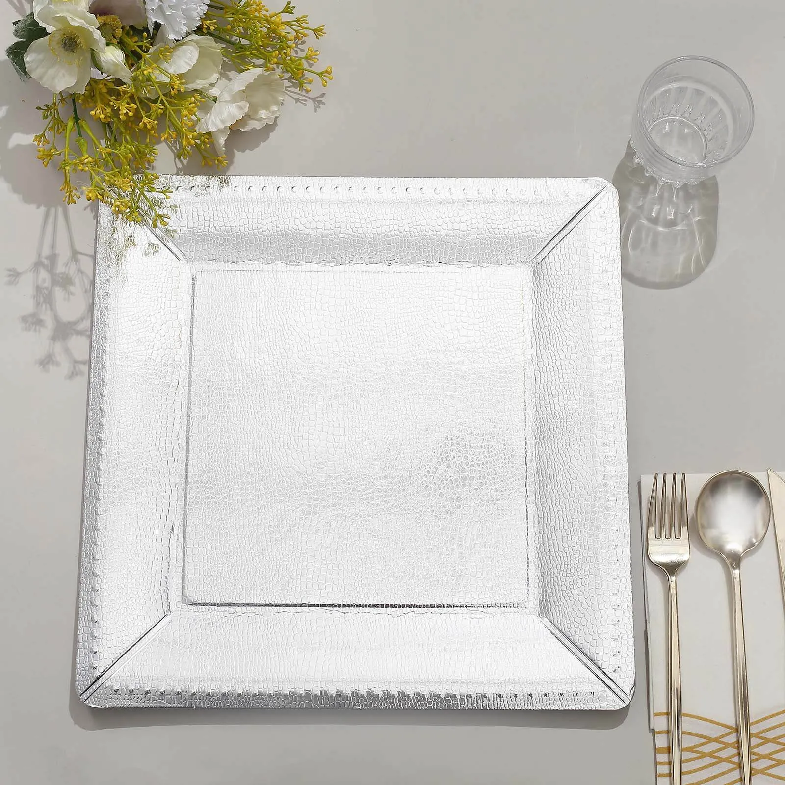 10 Pack Silver Textured Disposable Square Serving Trays, Leather Like Cardboard Charger Plates 1100 GSM 13"