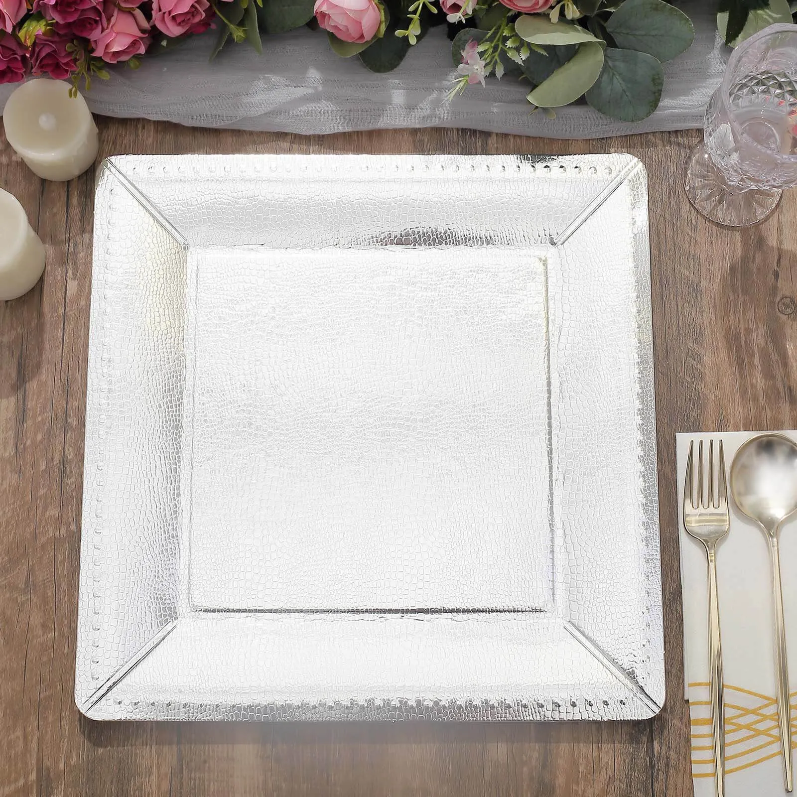 10 Pack Silver Textured Disposable Square Serving Trays, Leather Like Cardboard Charger Plates 1100 GSM 13"