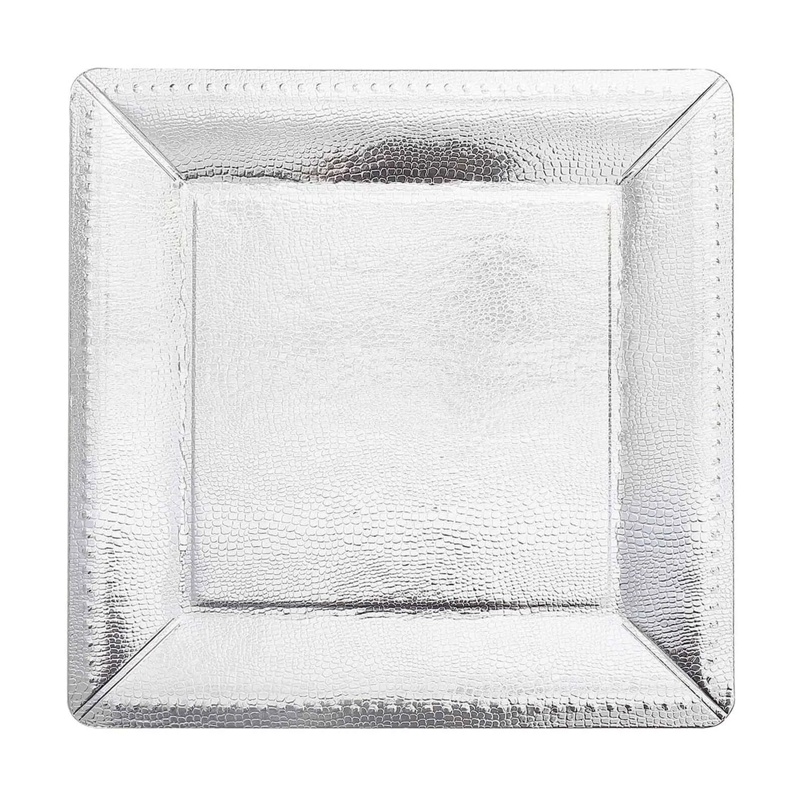 10 Pack Silver Textured Disposable Square Serving Trays, Leather Like Cardboard Charger Plates 1100 GSM 13"