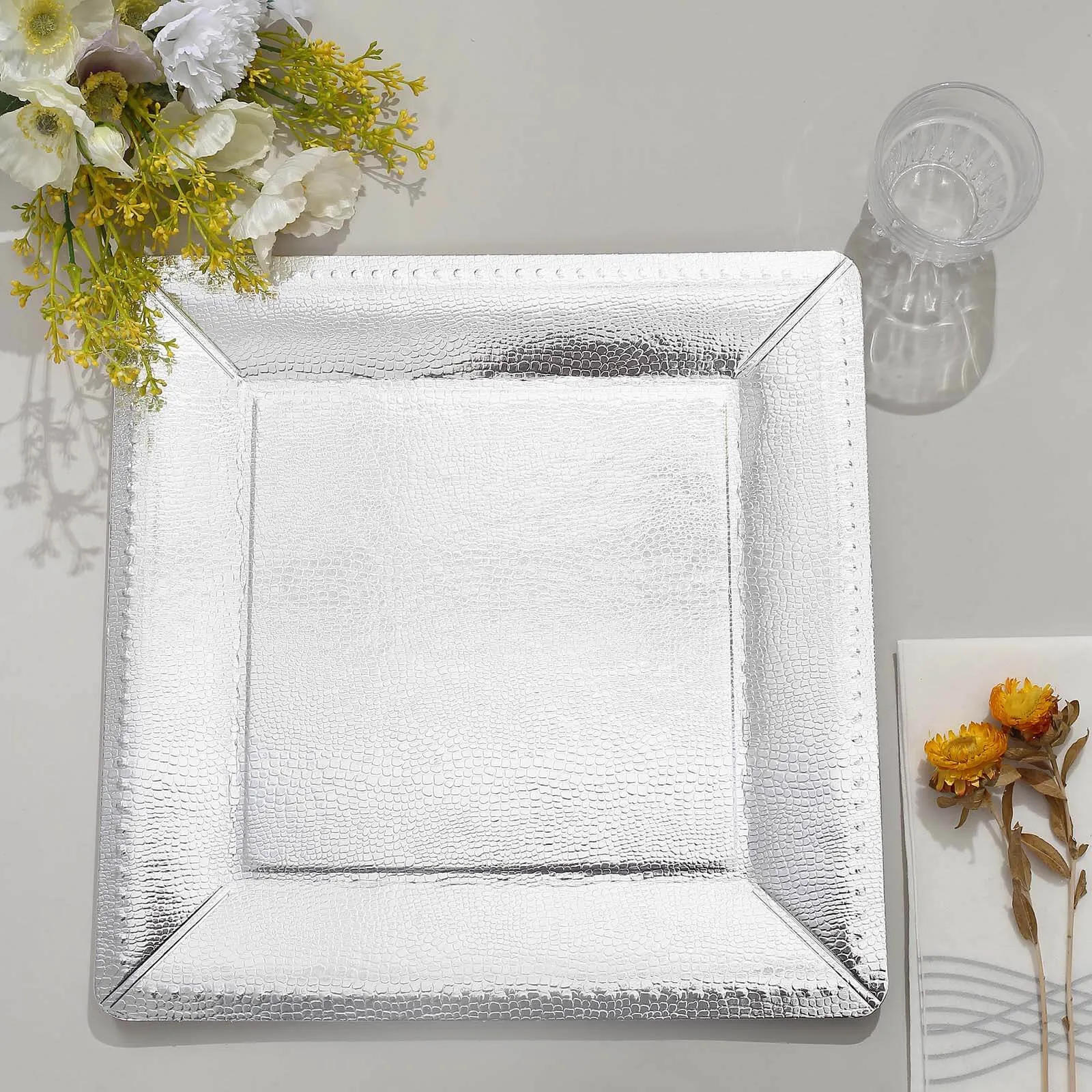 10 Pack Silver Textured Disposable Square Serving Trays, Leather Like Cardboard Charger Plates 1100 GSM 13"