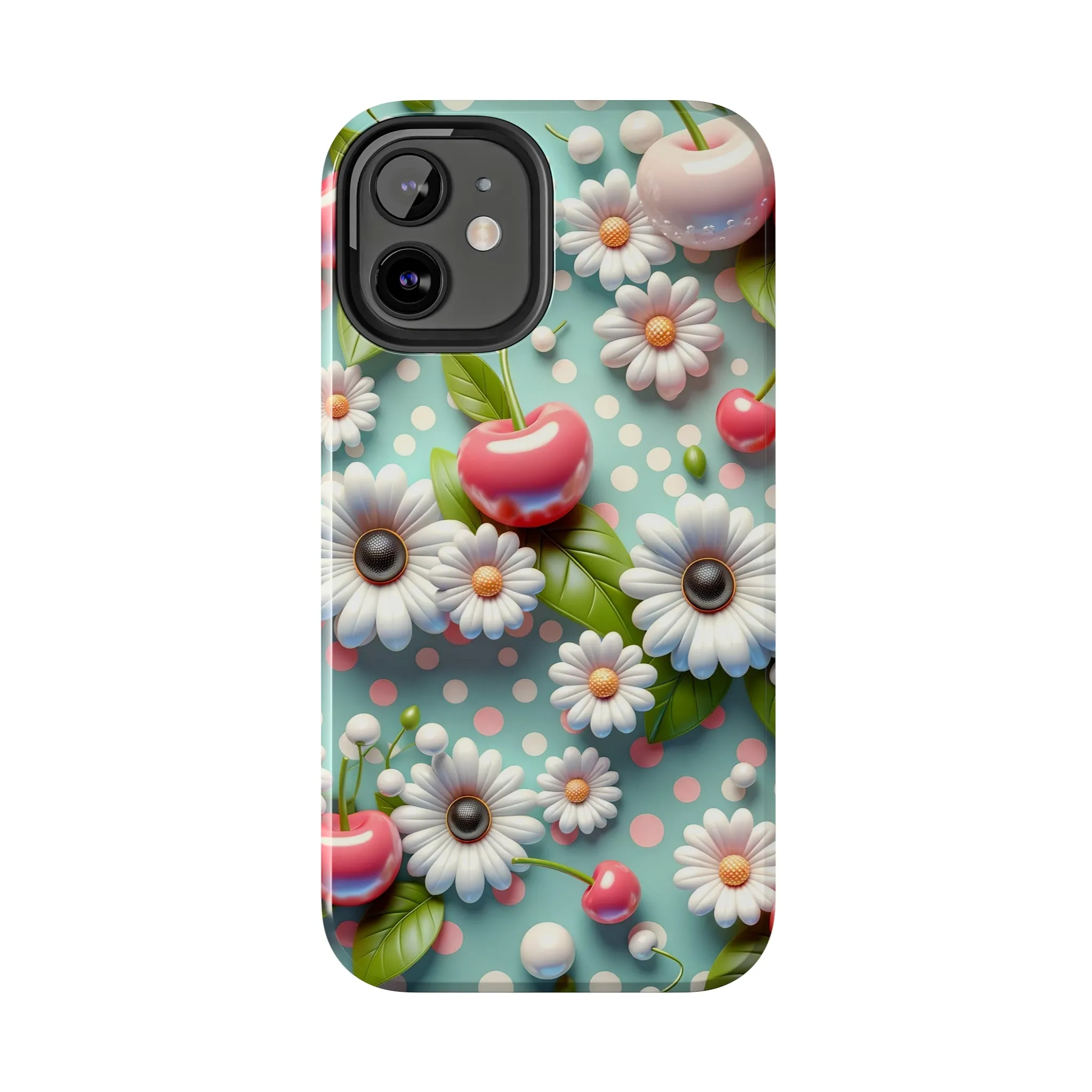 Cute Cherries and Flowers Digital print Design Tough Phone Case compatible with a large variety of iPhone models, Gift, Phone Case