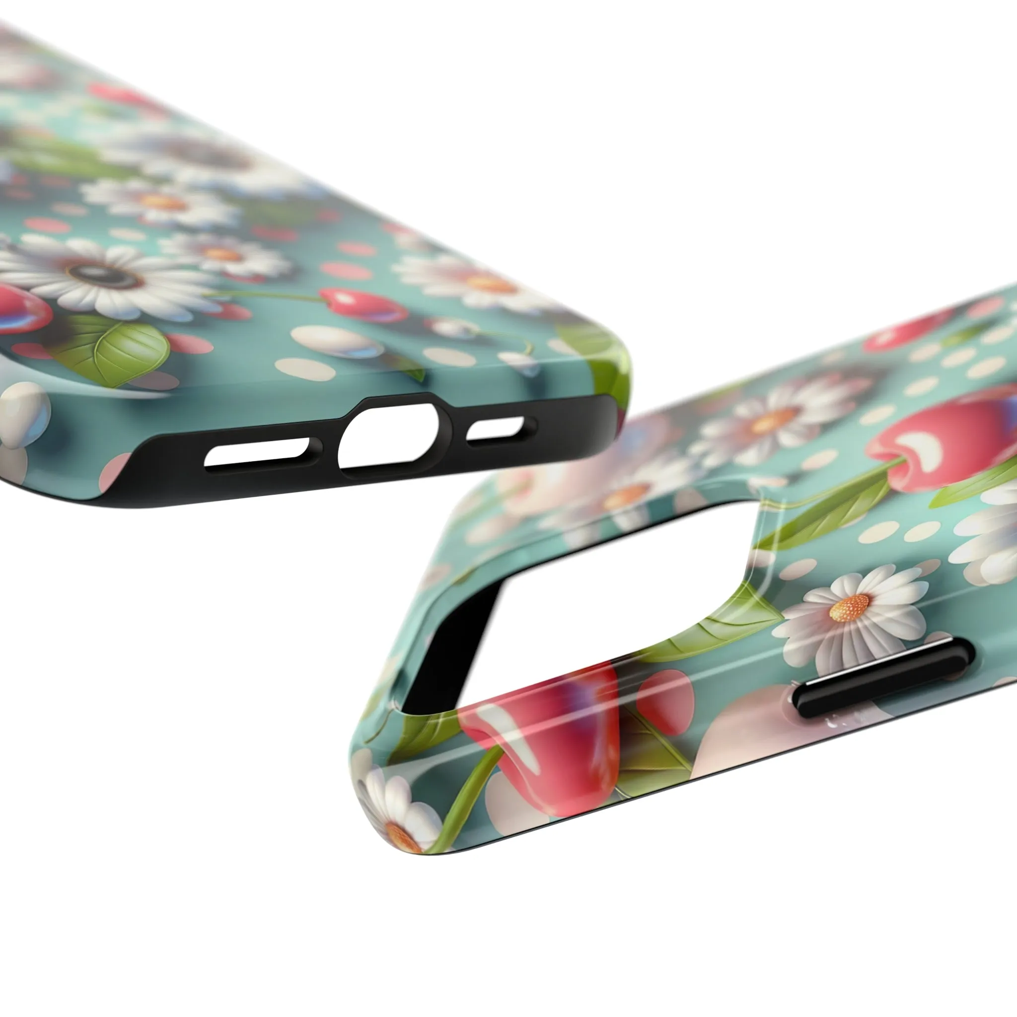 Cute Cherries and Flowers Digital print Design Tough Phone Case compatible with a large variety of iPhone models, Gift, Phone Case