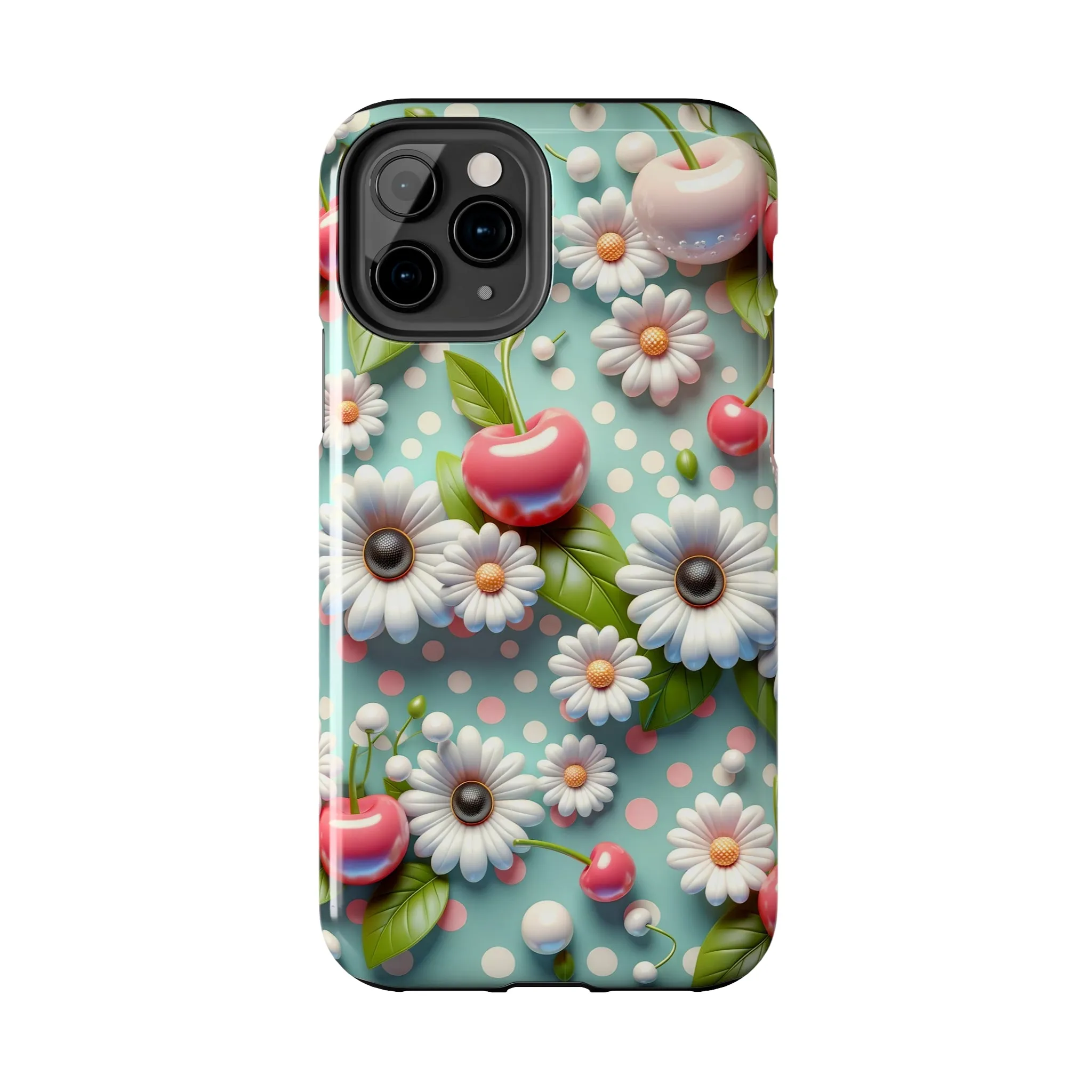 Cute Cherries and Flowers Digital print Design Tough Phone Case compatible with a large variety of iPhone models, Gift, Phone Case