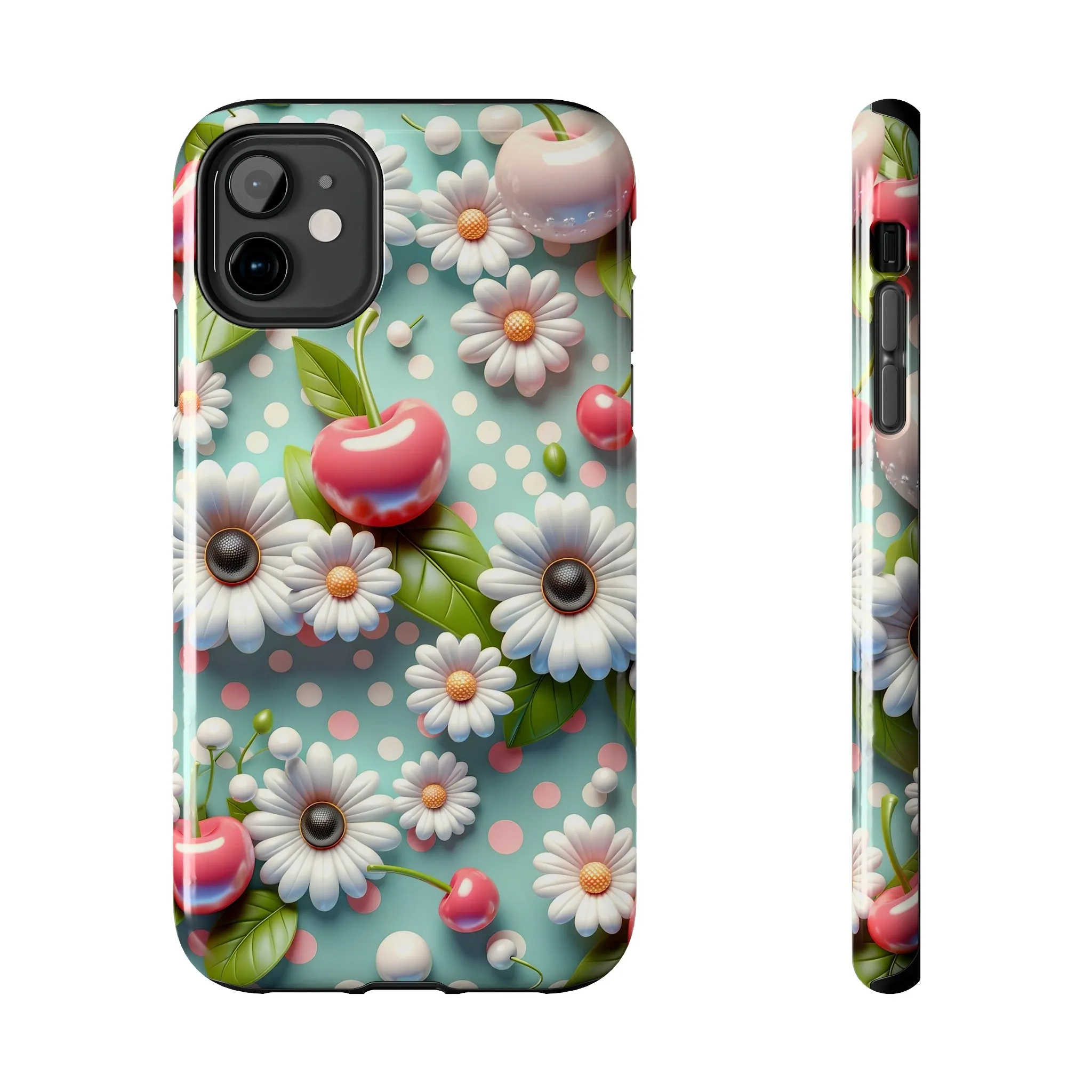 Cute Cherries and Flowers Digital print Design Tough Phone Case compatible with a large variety of iPhone models, Gift, Phone Case