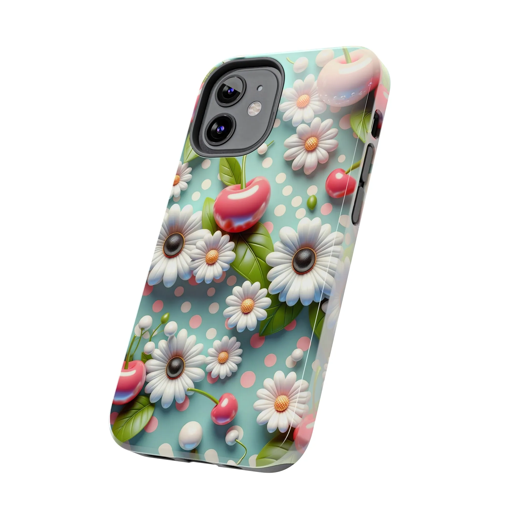 Cute Cherries and Flowers Digital print Design Tough Phone Case compatible with a large variety of iPhone models, Gift, Phone Case