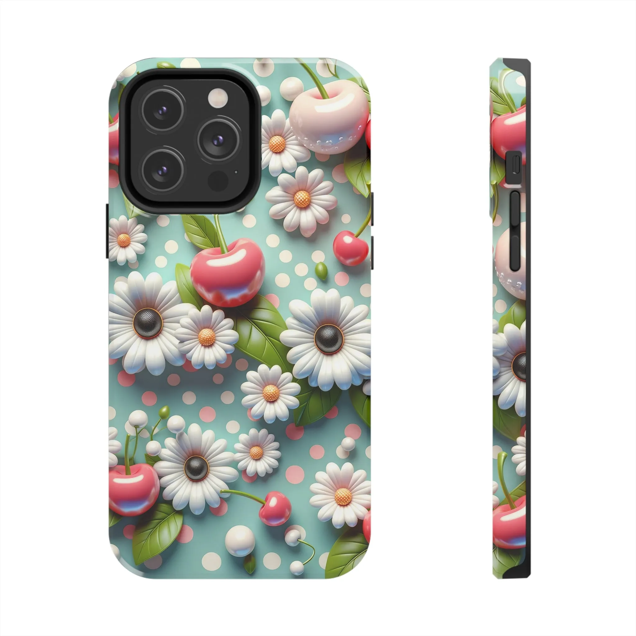 Cute Cherries and Flowers Digital print Design Tough Phone Case compatible with a large variety of iPhone models, Gift, Phone Case