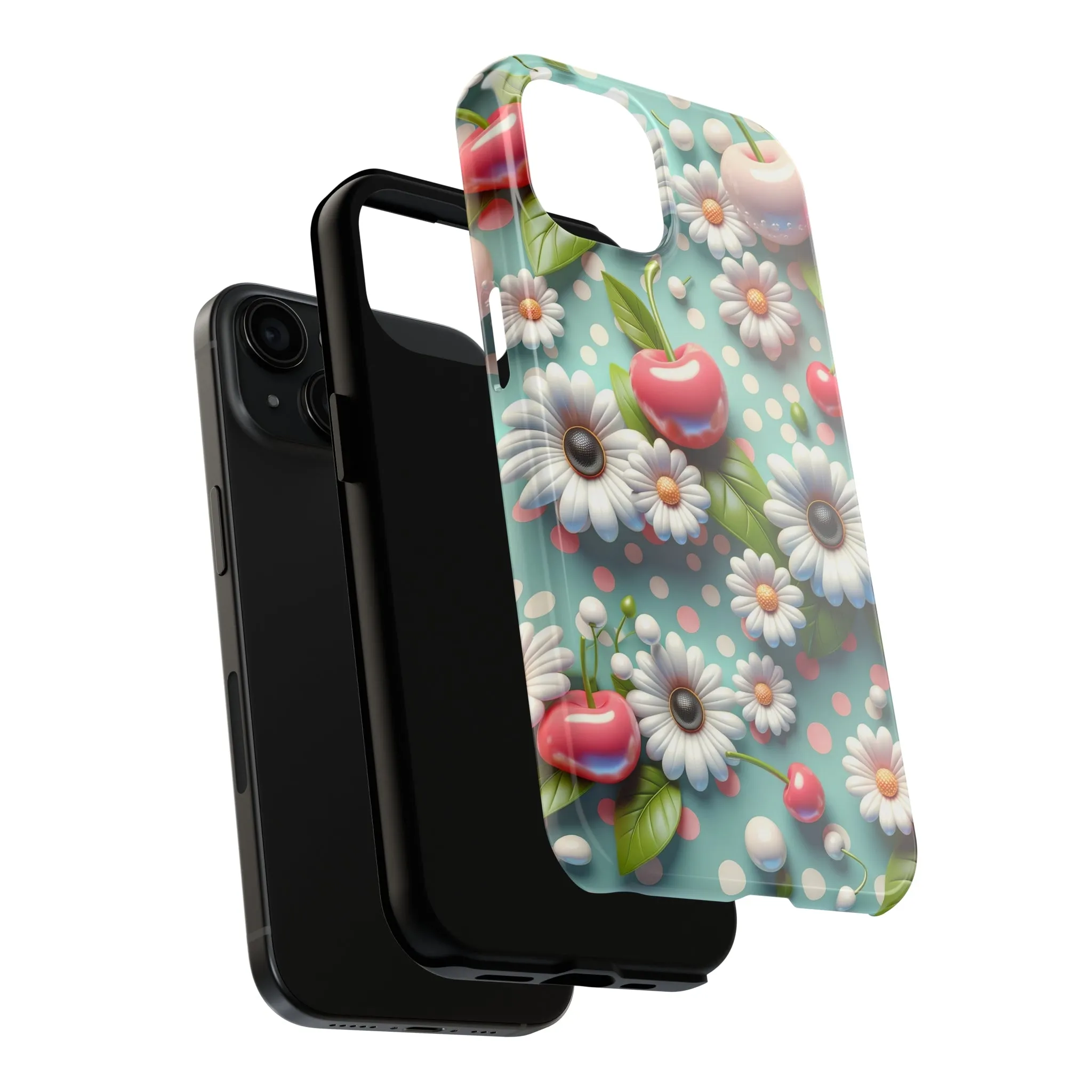 Cute Cherries and Flowers Digital print Design Tough Phone Case compatible with a large variety of iPhone models, Gift, Phone Case