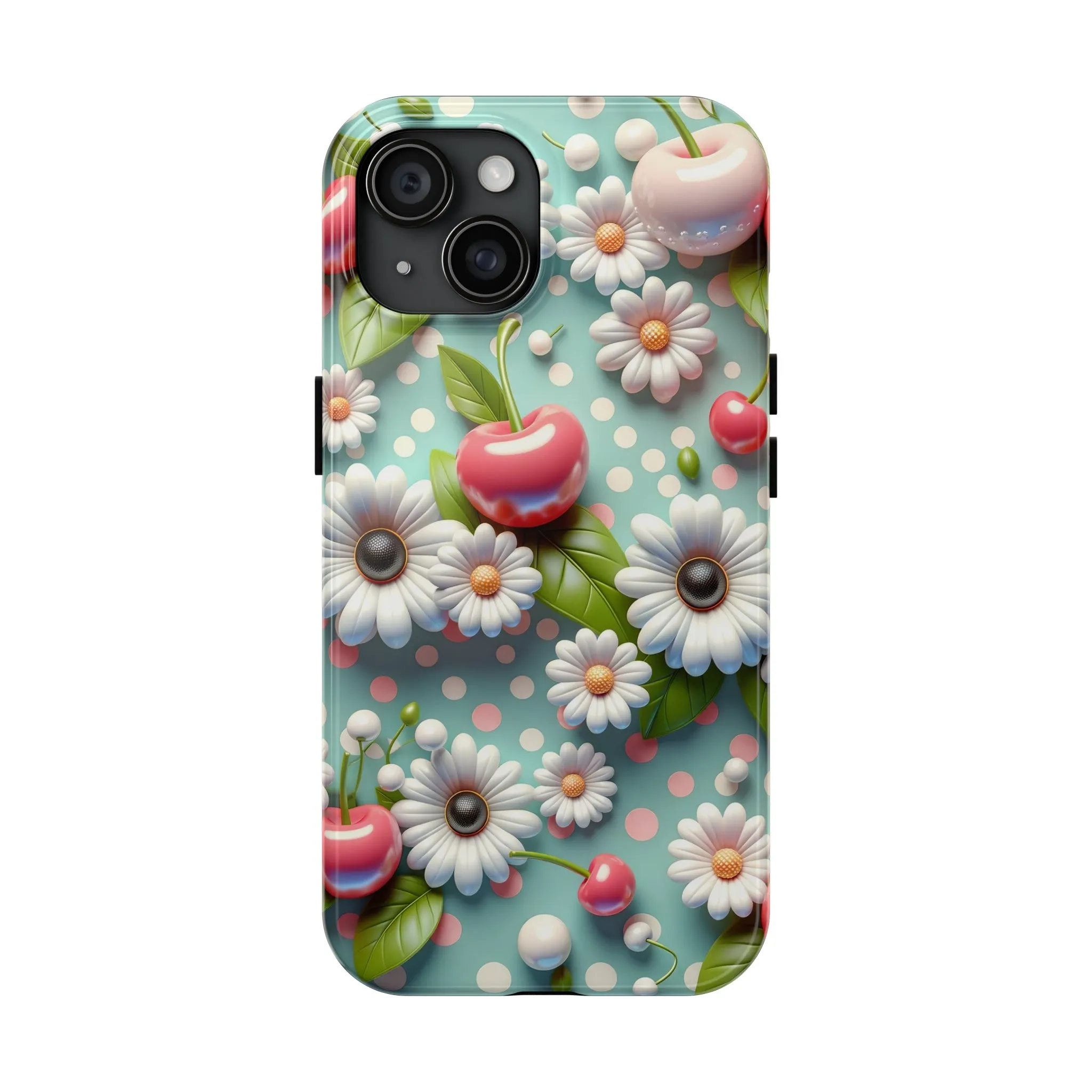 Cute Cherries and Flowers Digital print Design Tough Phone Case compatible with a large variety of iPhone models, Gift, Phone Case