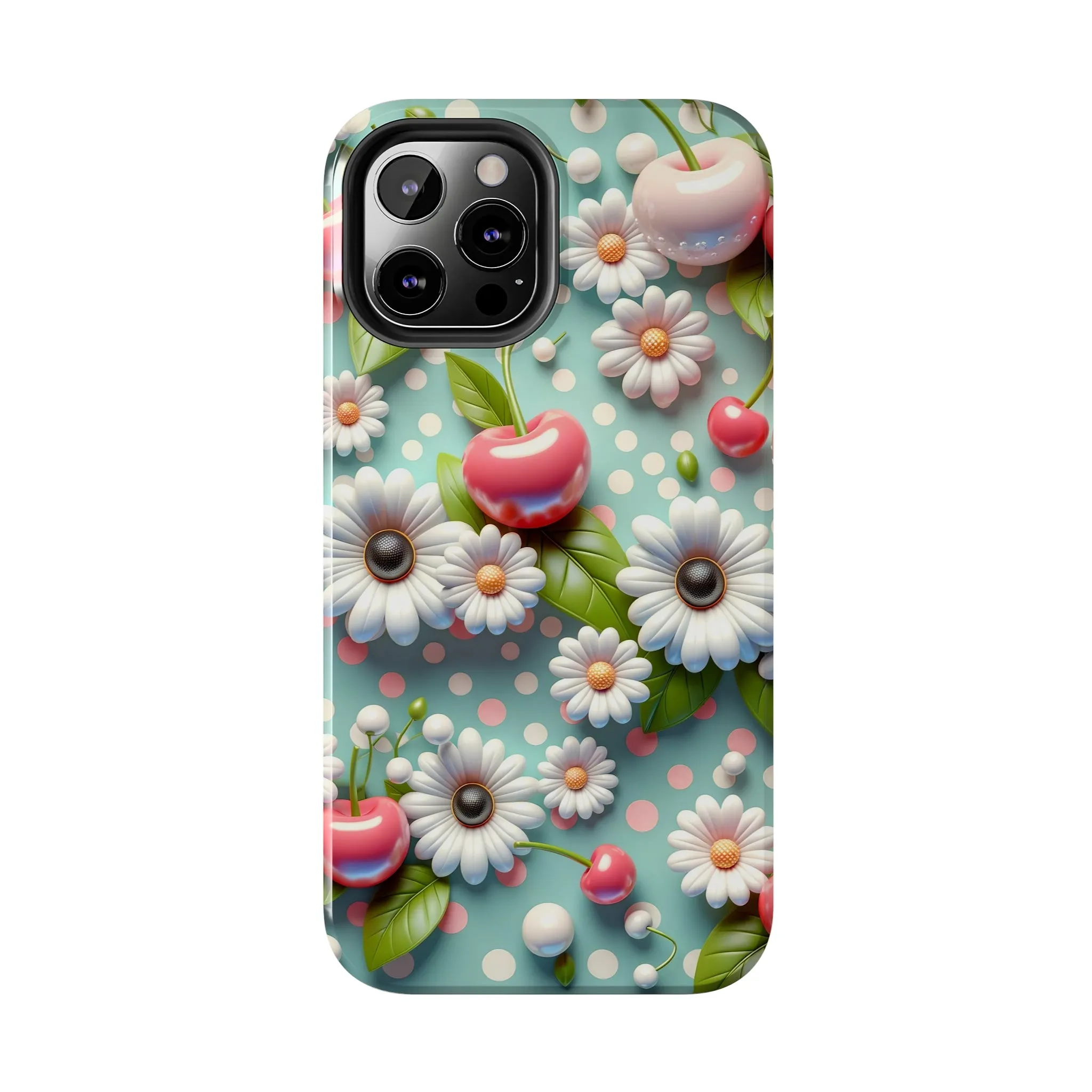 Cute Cherries and Flowers Digital print Design Tough Phone Case compatible with a large variety of iPhone models, Gift, Phone Case