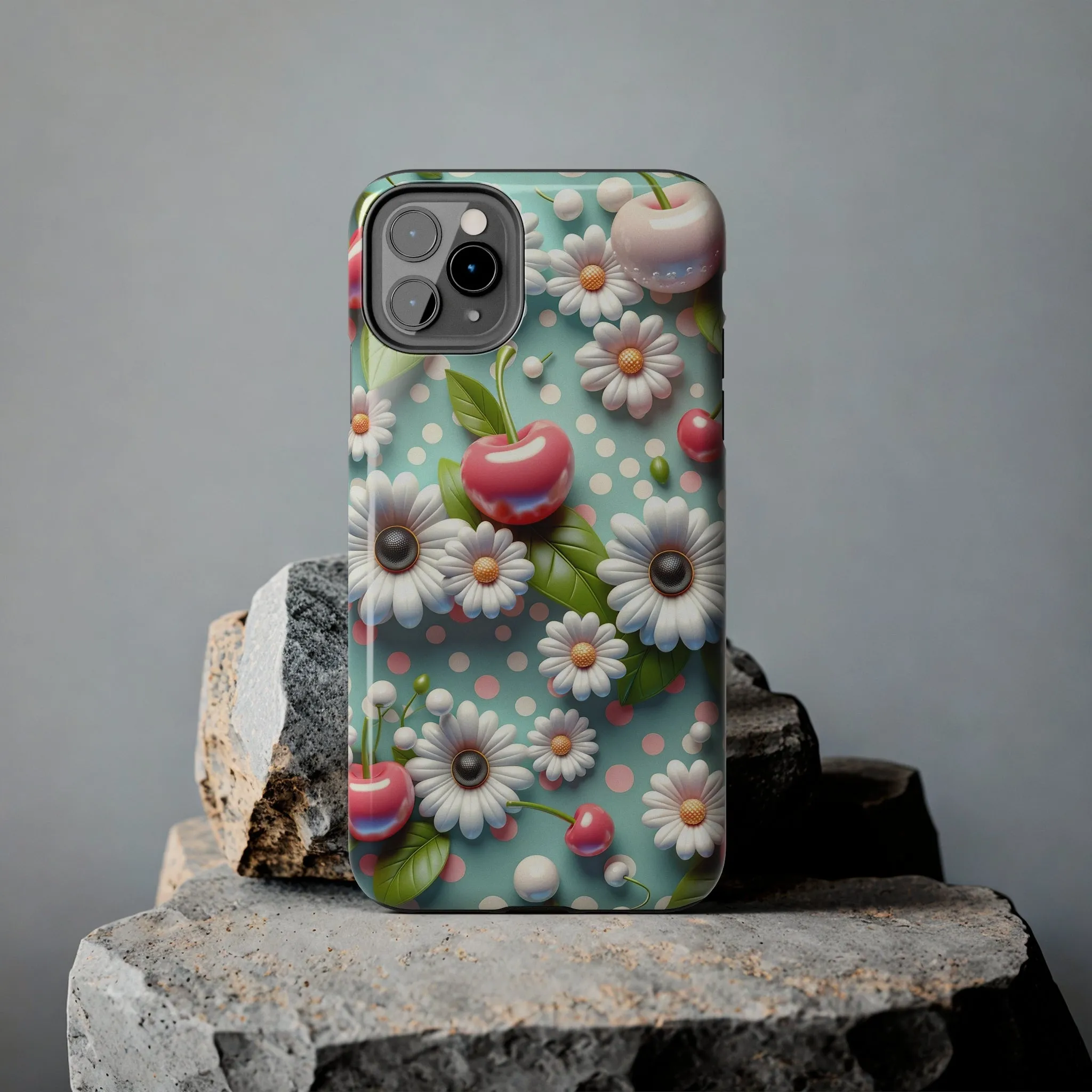 Cute Cherries and Flowers Digital print Design Tough Phone Case compatible with a large variety of iPhone models, Gift, Phone Case