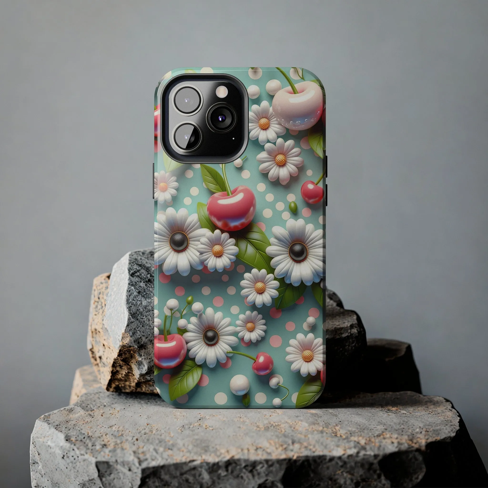 Cute Cherries and Flowers Digital print Design Tough Phone Case compatible with a large variety of iPhone models, Gift, Phone Case