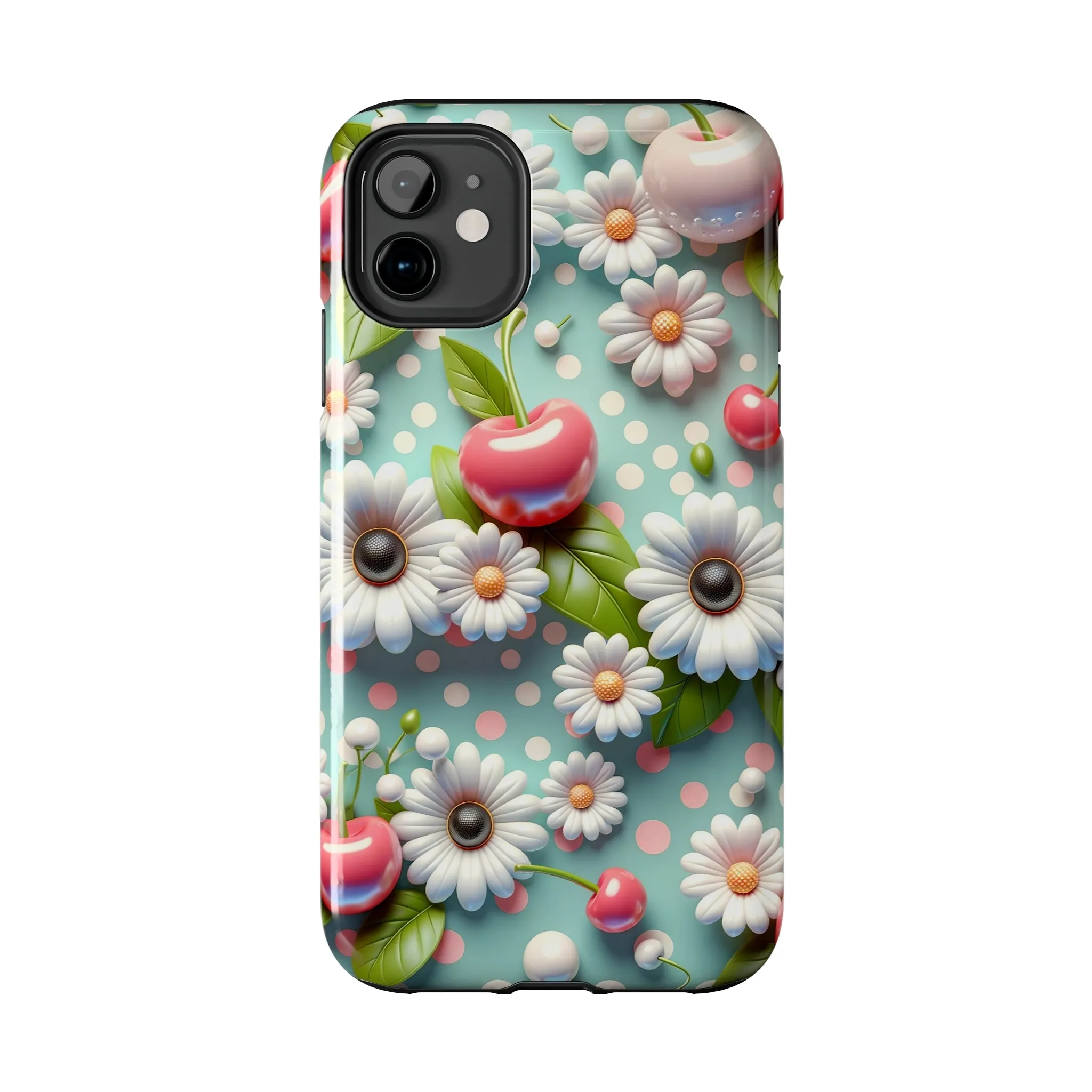 Cute Cherries and Flowers Digital print Design Tough Phone Case compatible with a large variety of iPhone models, Gift, Phone Case