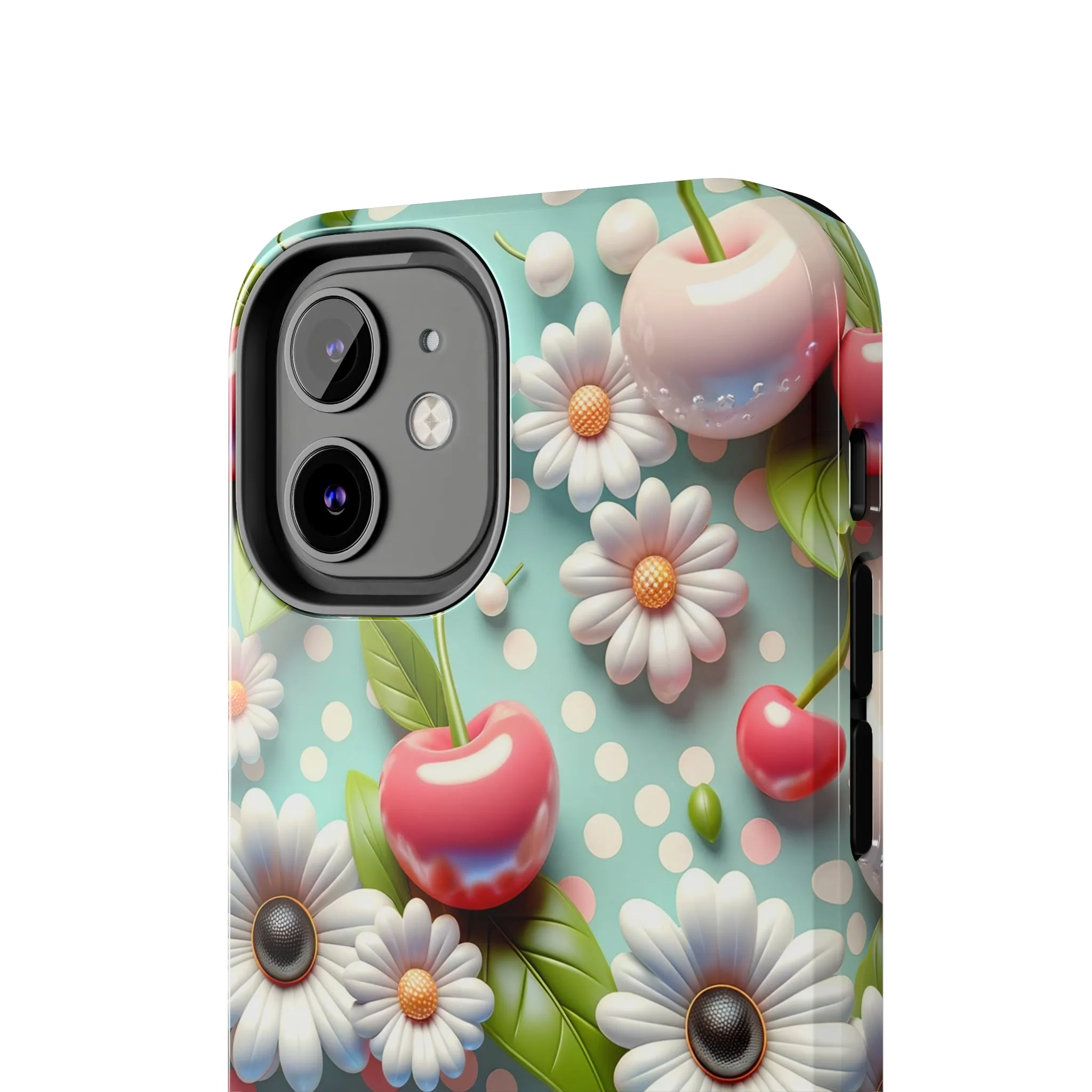 Cute Cherries and Flowers Digital print Design Tough Phone Case compatible with a large variety of iPhone models, Gift, Phone Case